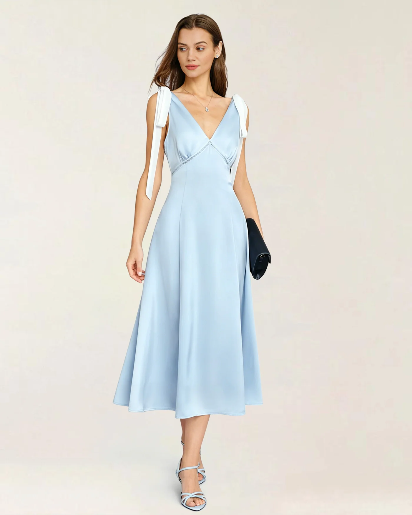 Blue V Neck Cut Out Satin Midi Dress - Image 6