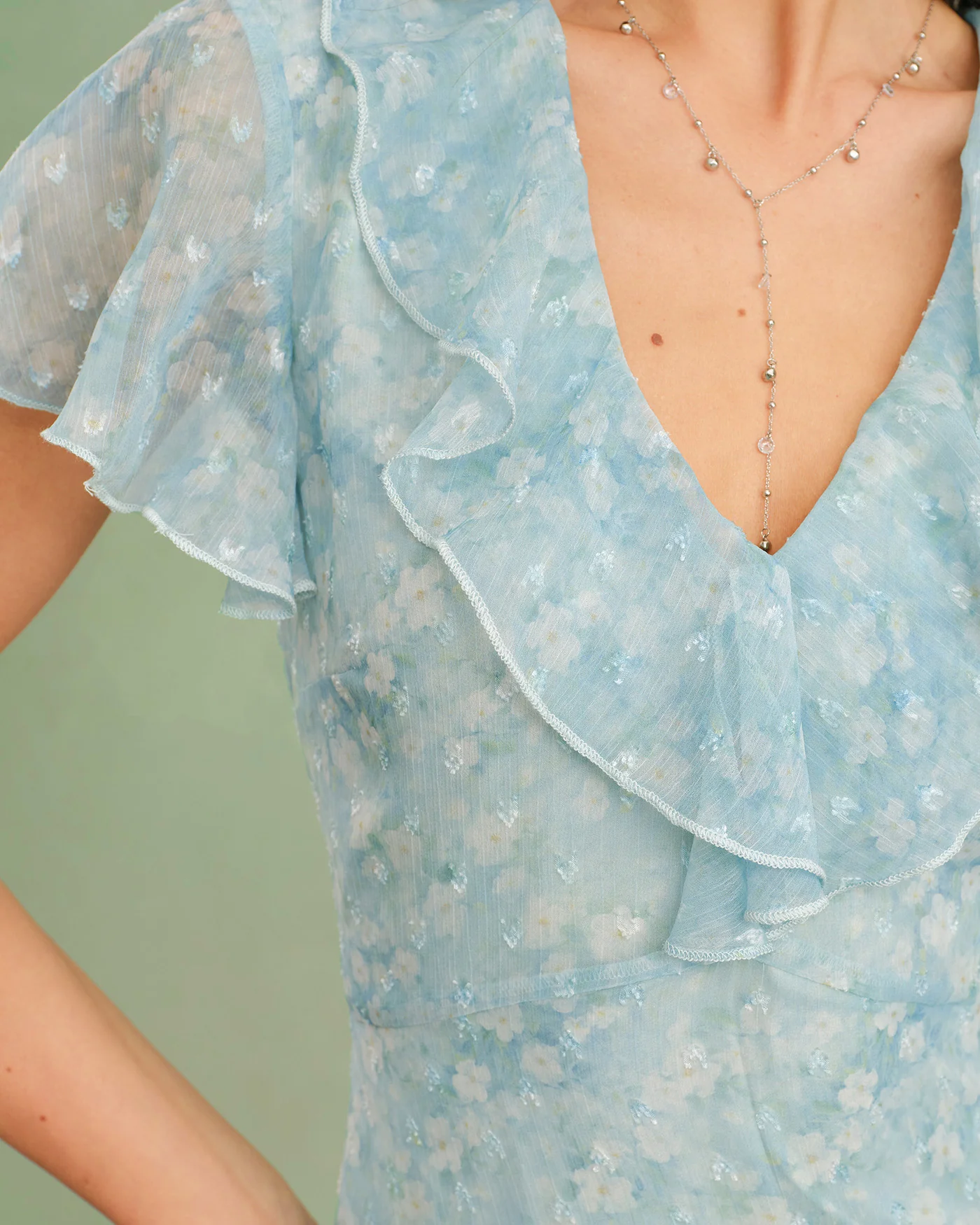 Blue V Neck Floral Ruffle Midi Dress - Image 3