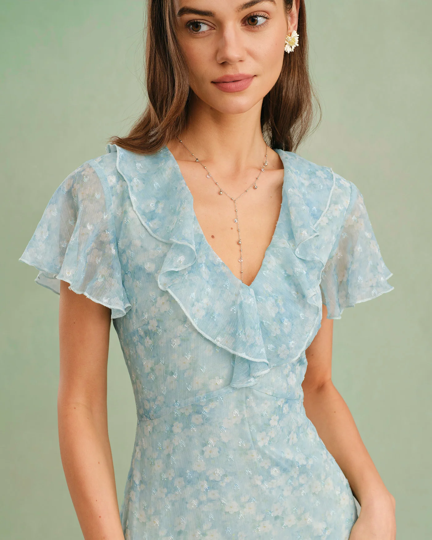 Blue V Neck Floral Ruffle Midi Dress - Image 4