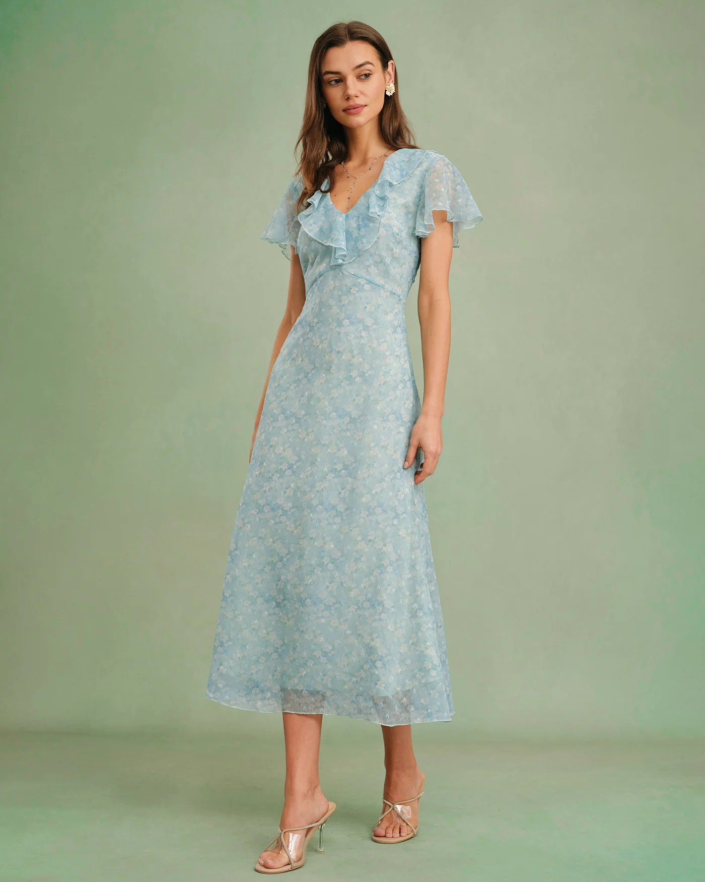Blue V Neck Floral Ruffle Midi Dress - Image 5