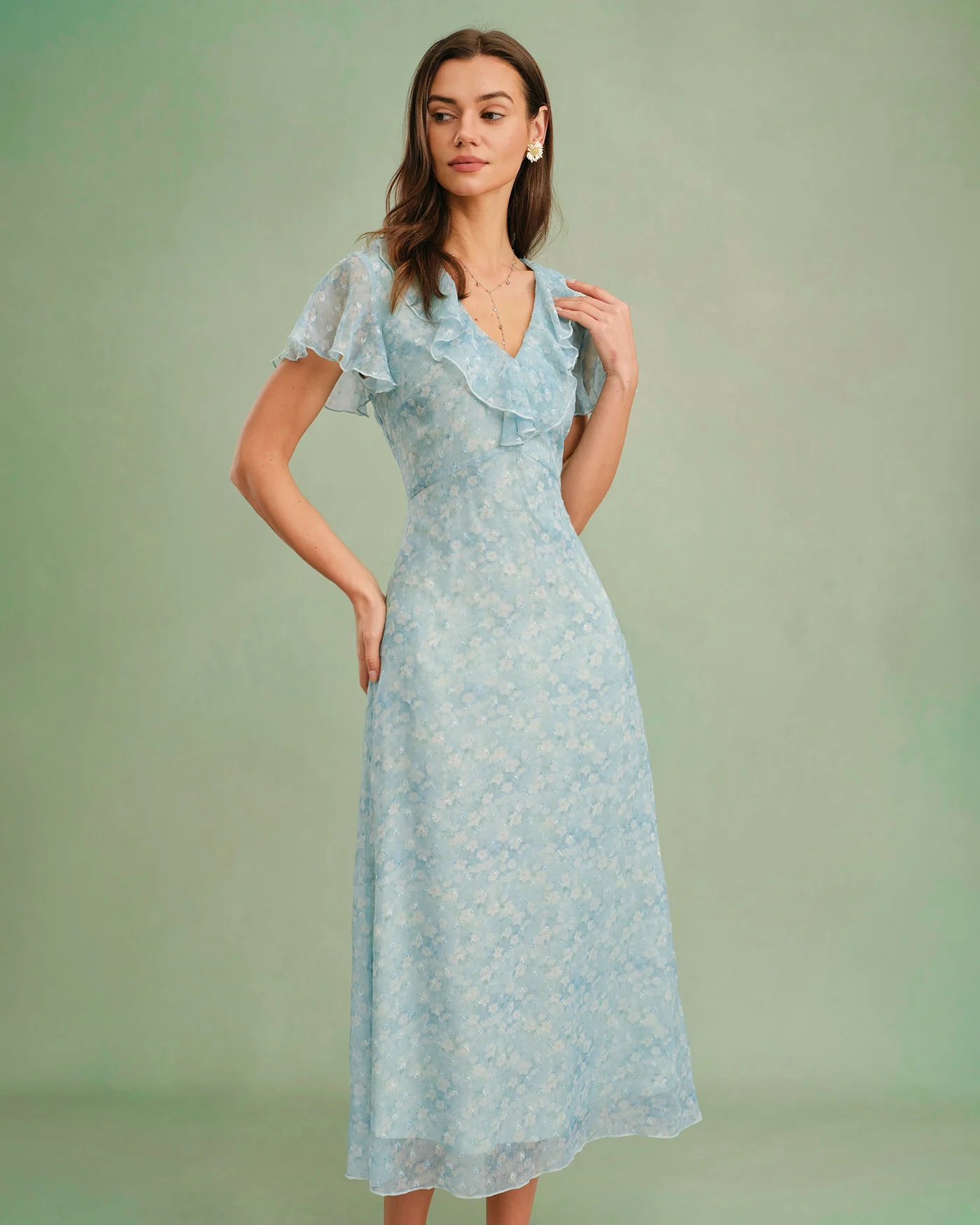 Blue V Neck Floral Ruffle Midi Dress - Image 6