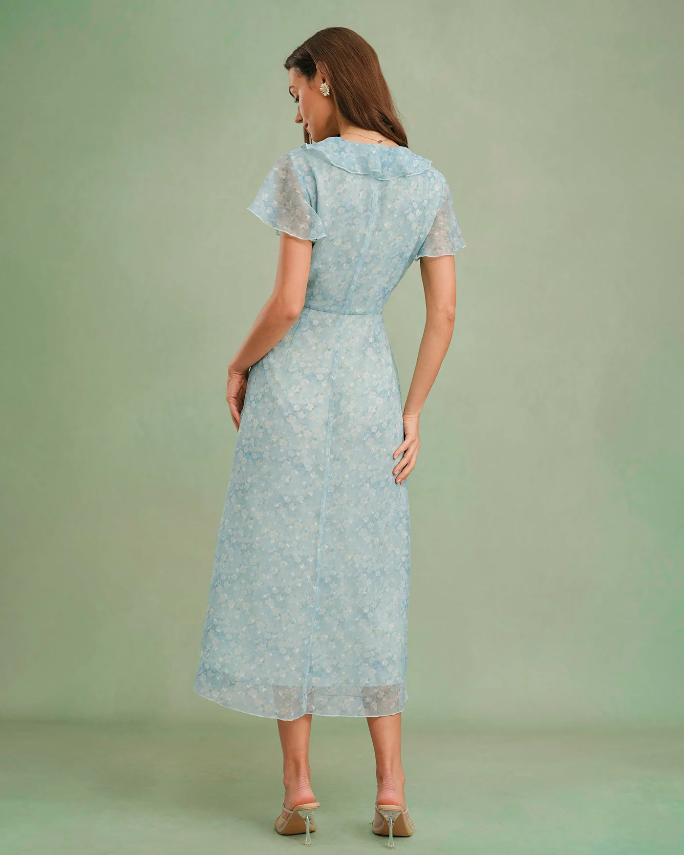 Blue V Neck Floral Ruffle Midi Dress - Image 7