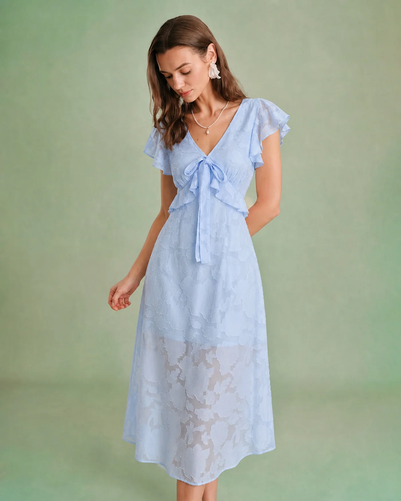 Blue V Neck Jacquard Ruffle Midi Dress - Image 2