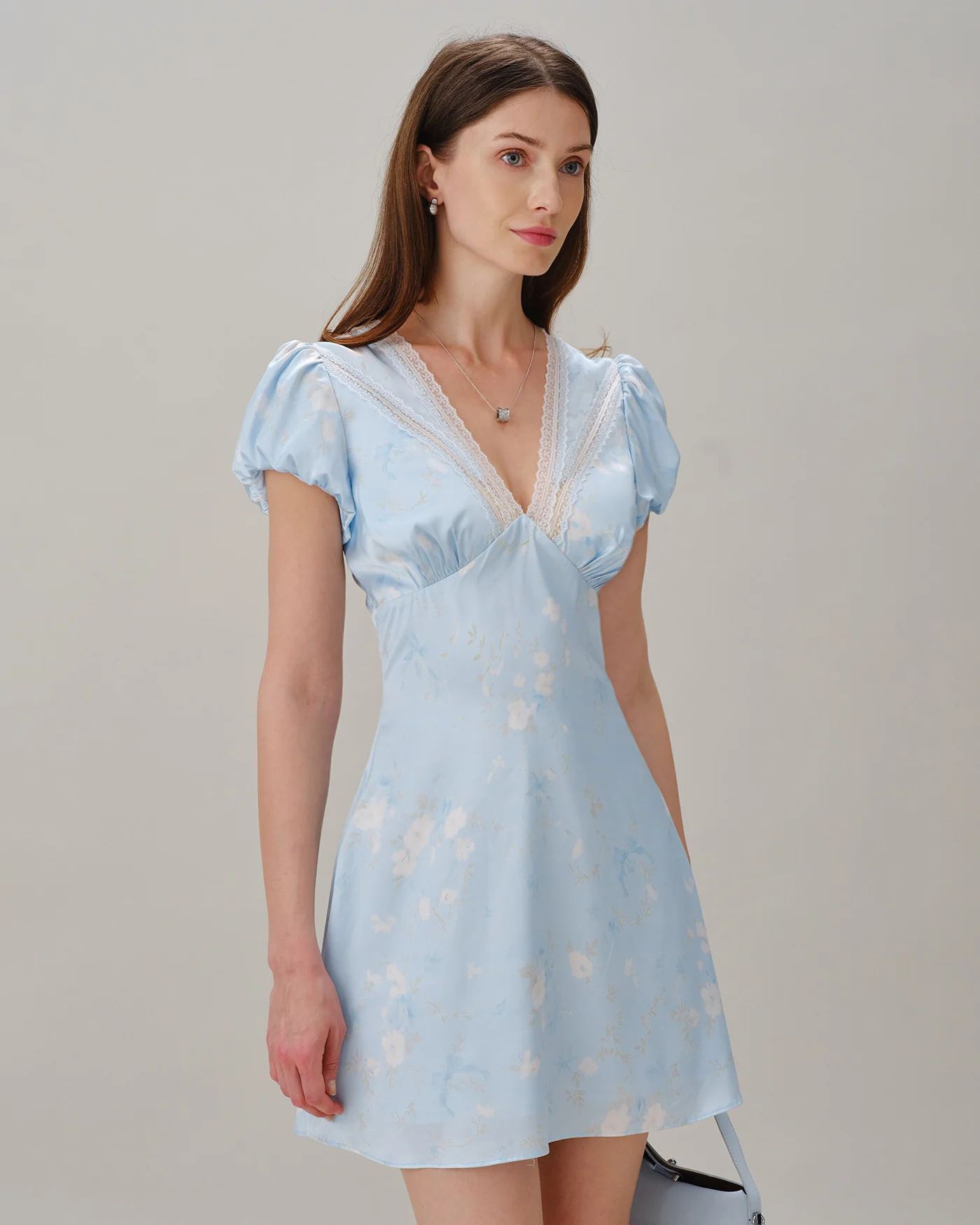 Blue V Neck Lace Splicing Floral Mini Dress - Image 3