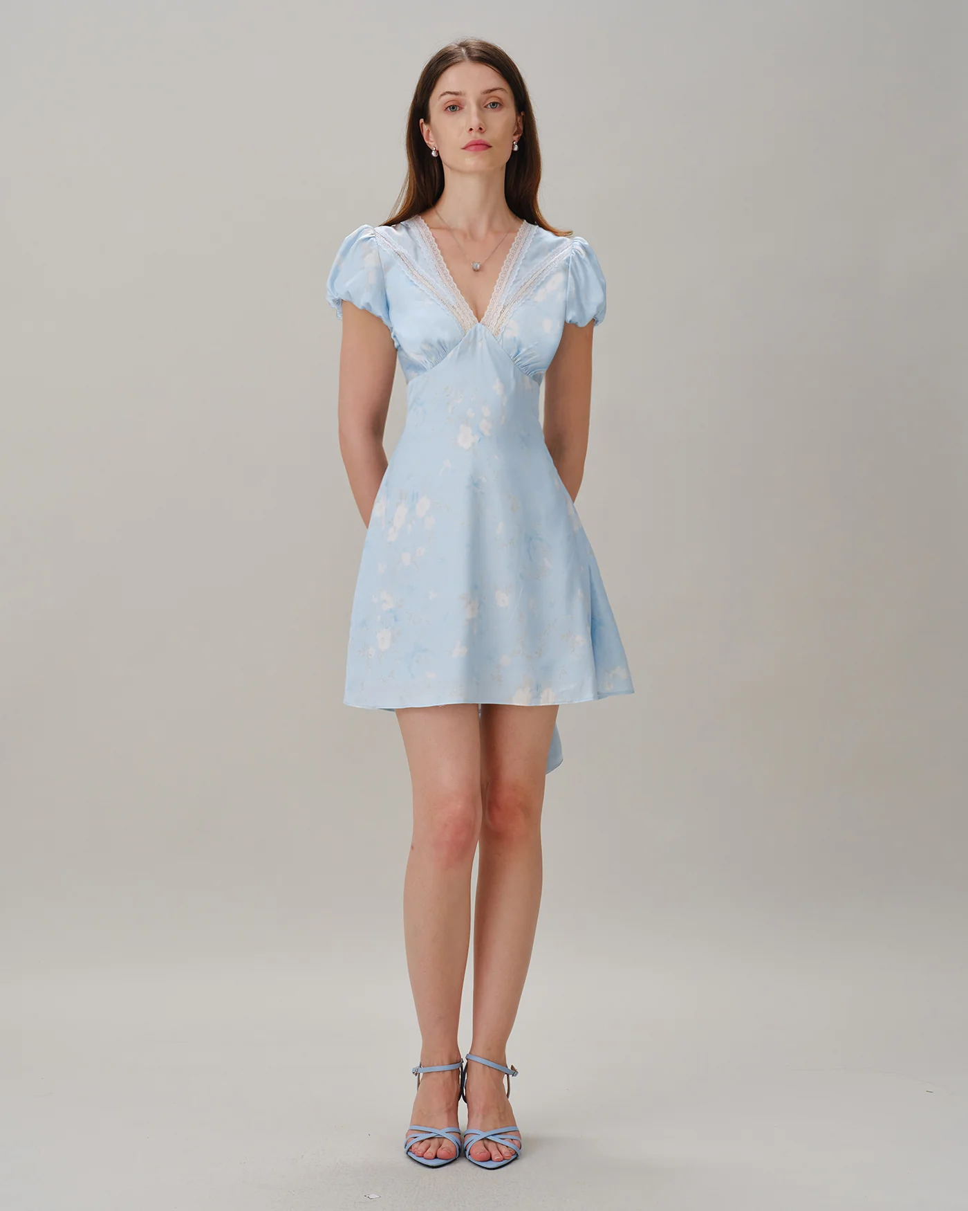 Blue V Neck Lace Splicing Floral Mini Dress - Image 4