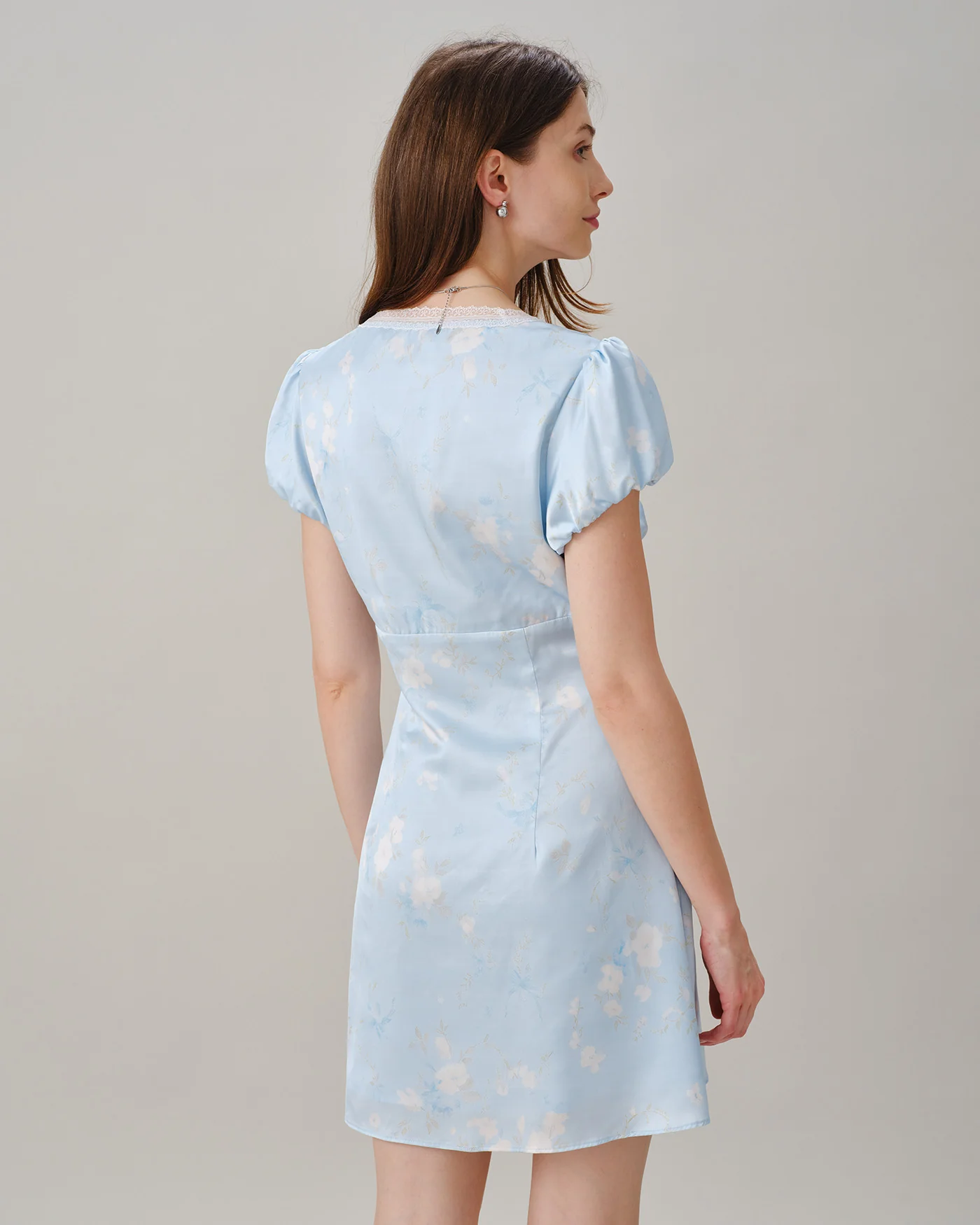 Blue V Neck Lace Splicing Floral Mini Dress - Image 6