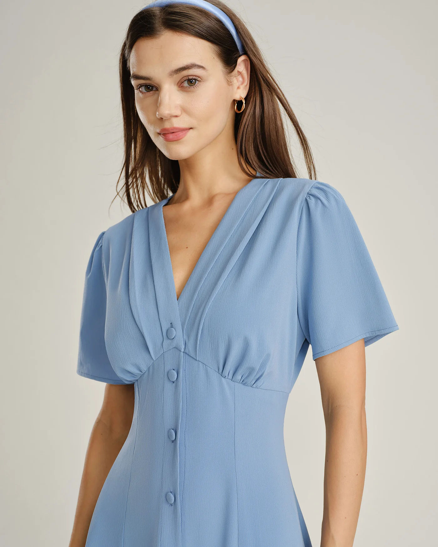 Blue V Neck Ruched Button Midi Dress - Image 2