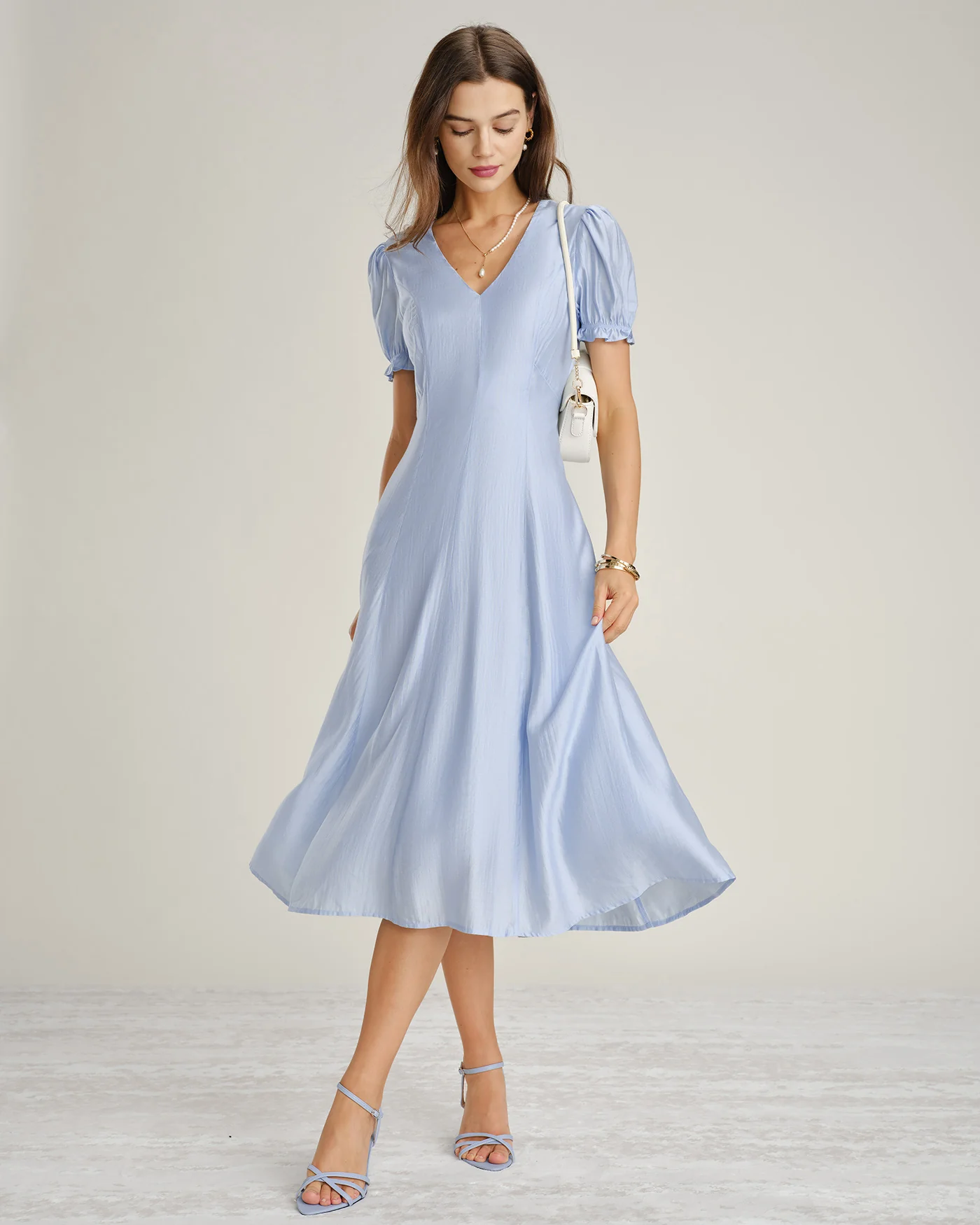Blue V Neck Sheer Zipper Midi Dress - Image 3