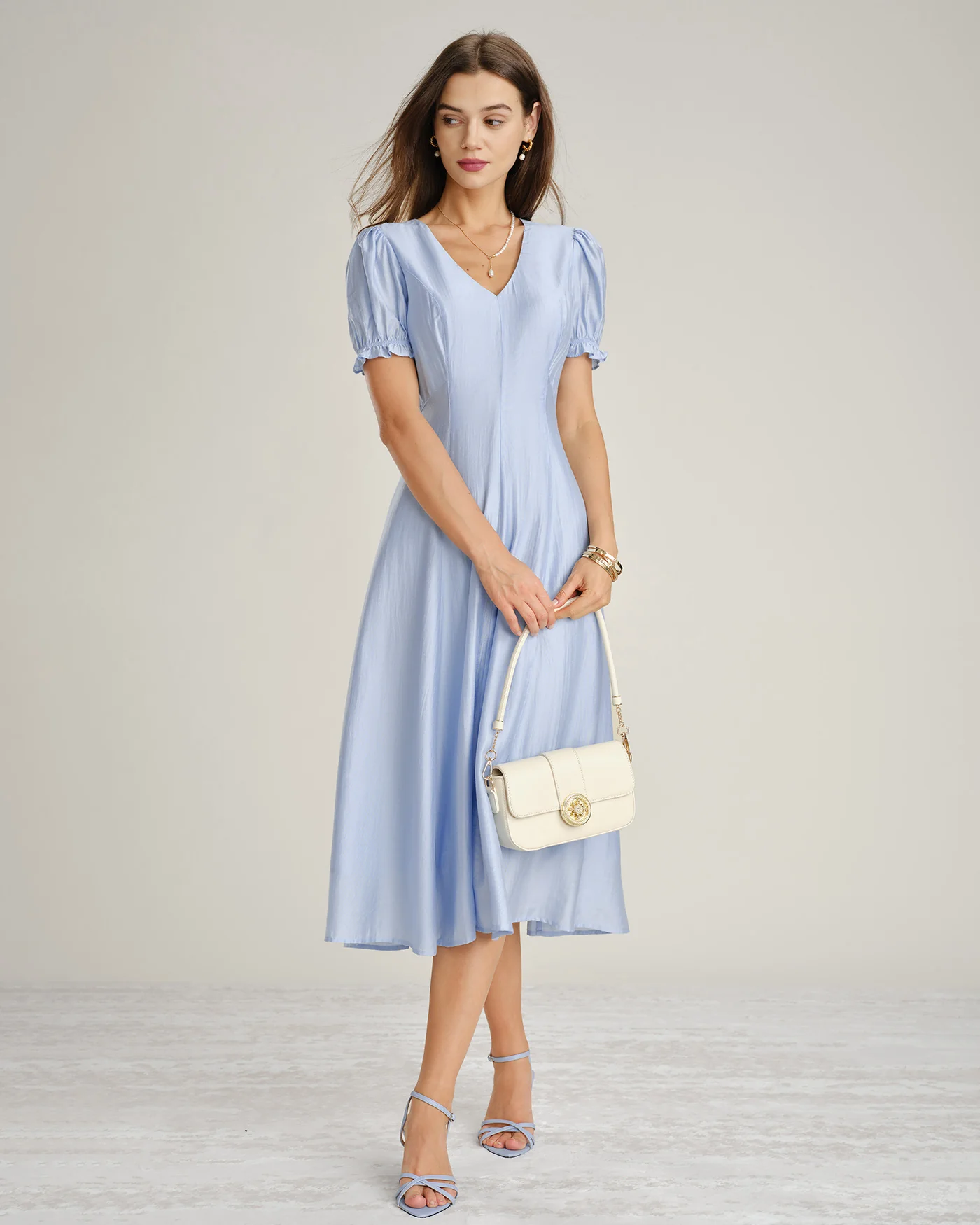 Blue V Neck Sheer Zipper Midi Dress - Image 4
