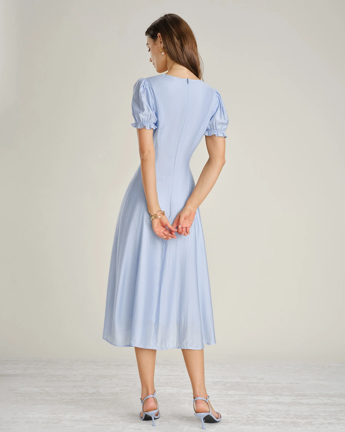 Blue V Neck Sheer Zipper Midi Dress - Image 5