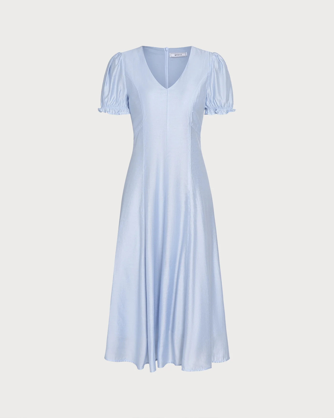 Blue V Neck Sheer Zipper Midi Dress - Image 6