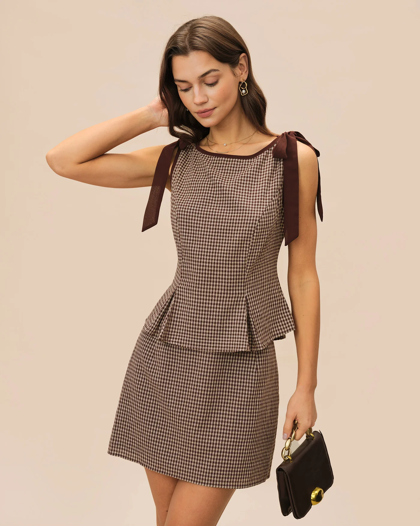 Brown Boat Neck Plaid Tank Top