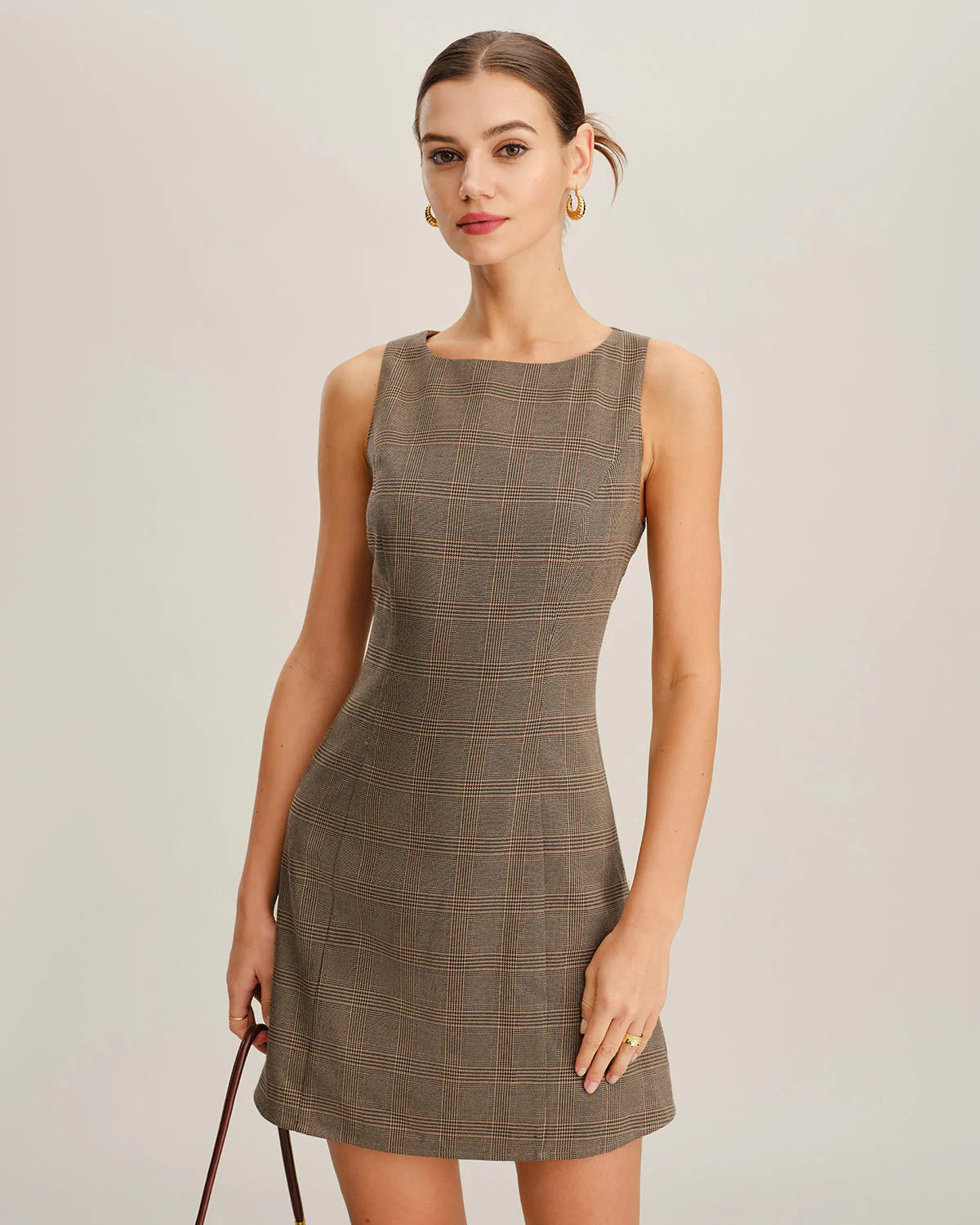 Brown Plaid Sleeveless Mini Dress - Image 2