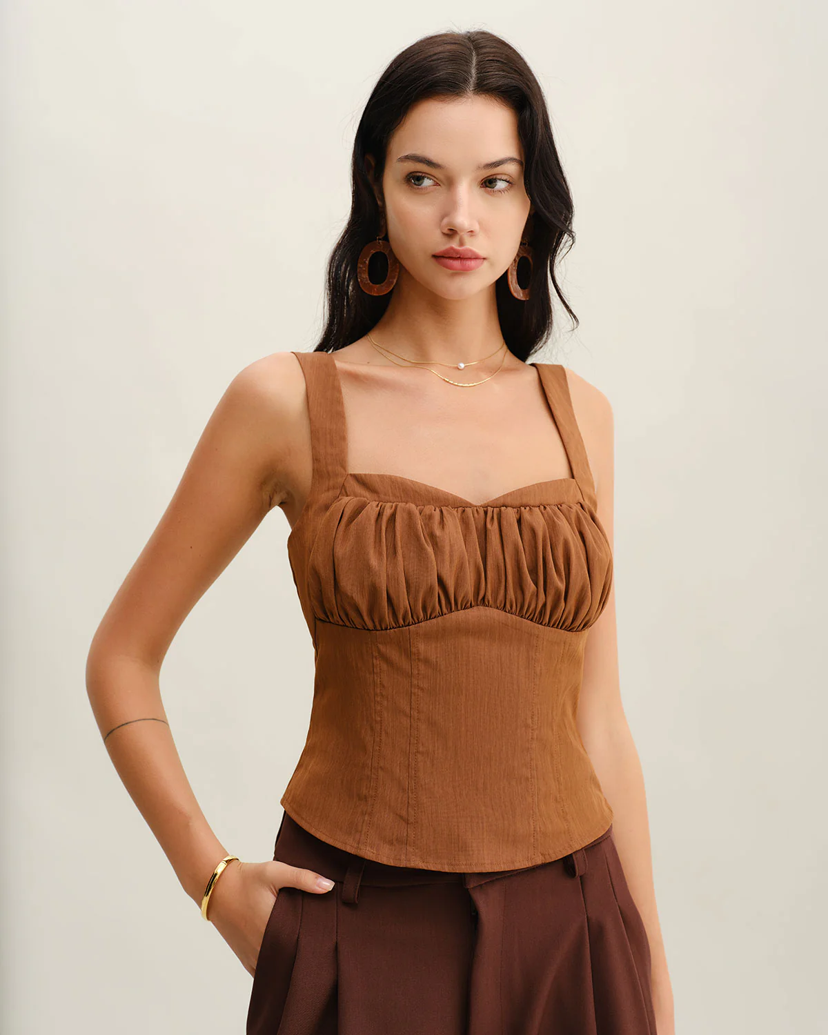 Brown Ruched Shirred Cami Top