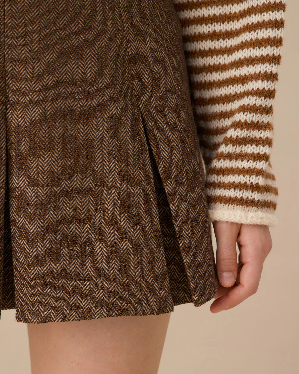 Brown Striped Pleated Mini Skirt - Image 2