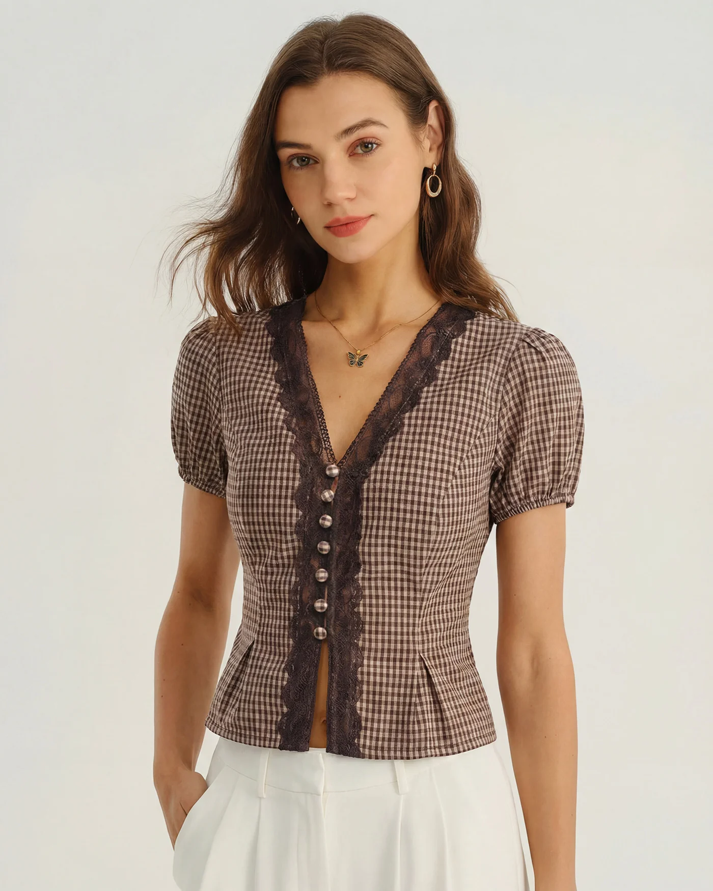 Brown V Neck Puffed Sleeve Plaid Blouse