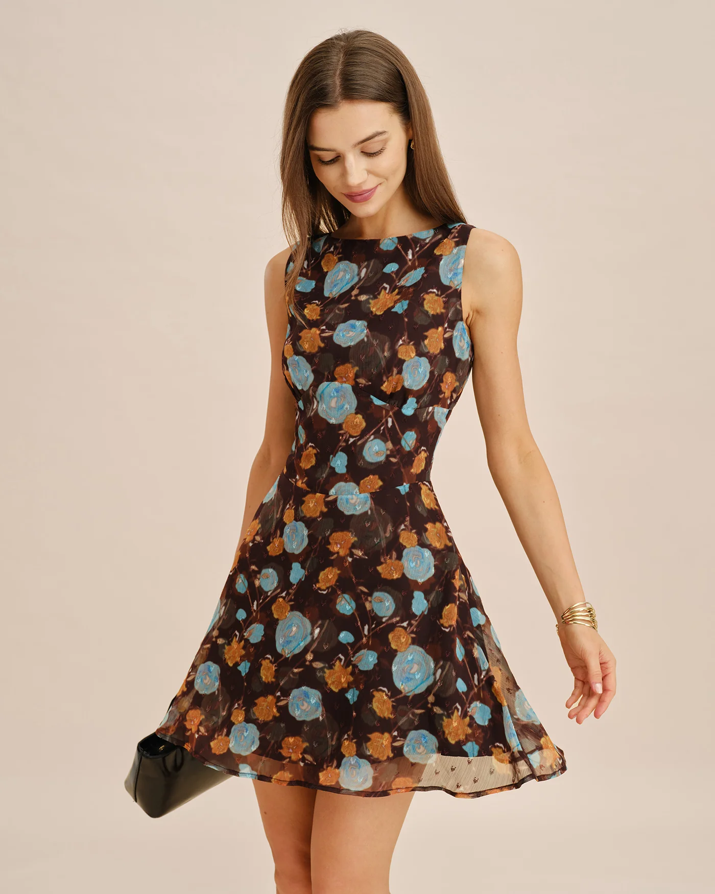 Coffee Boat Neck Floral Mini Dress - Image 2