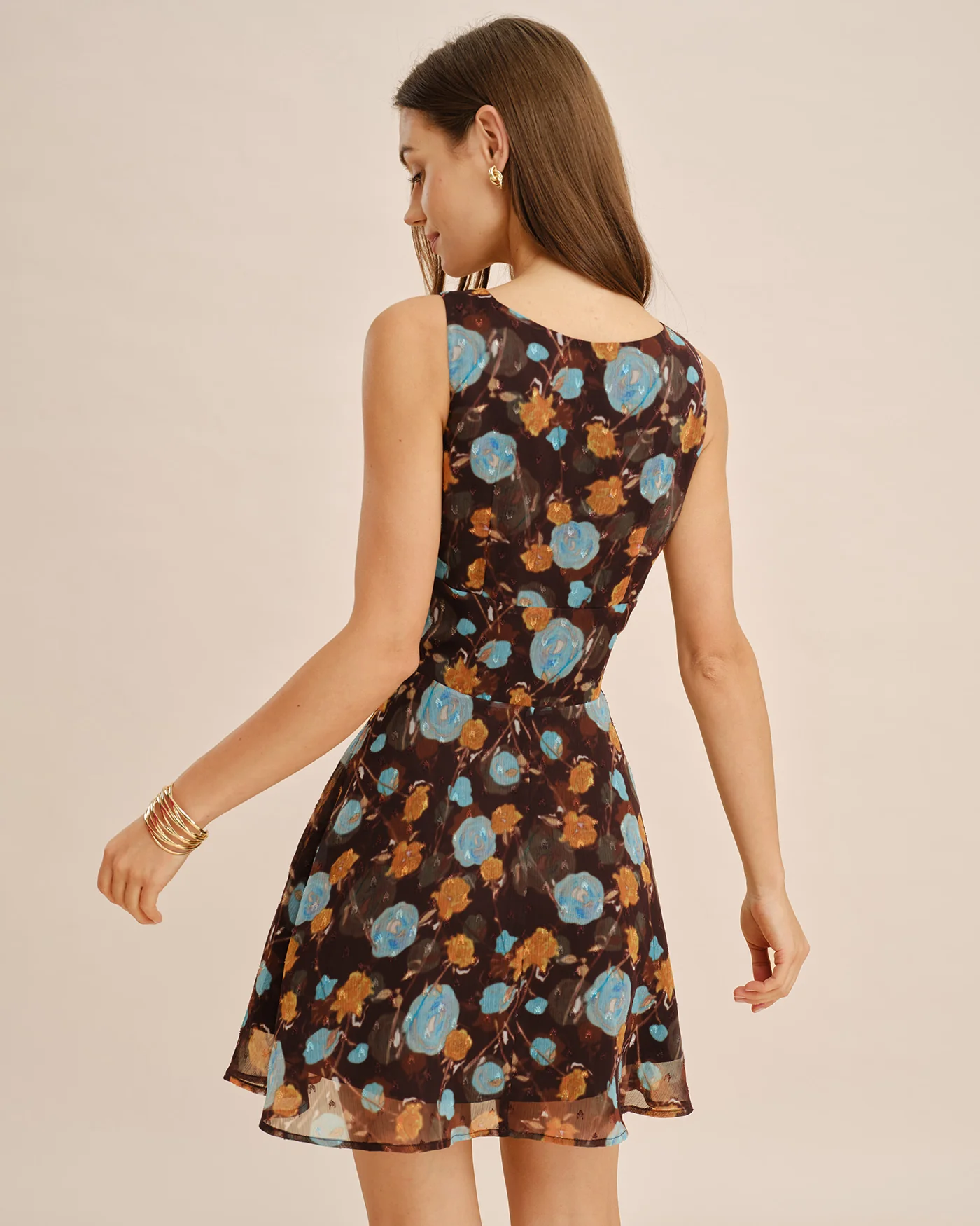 Coffee Boat Neck Floral Mini Dress - Image 5