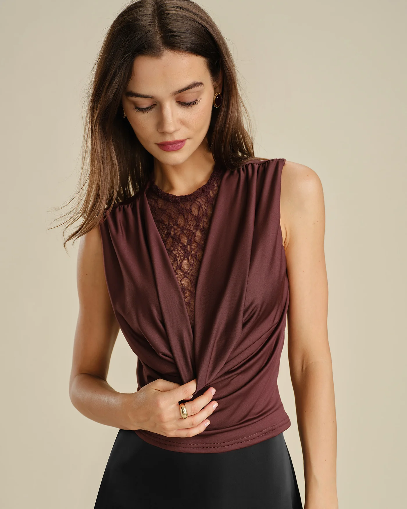 Coffee Cowl Neck Lace Tank Top - Image 2