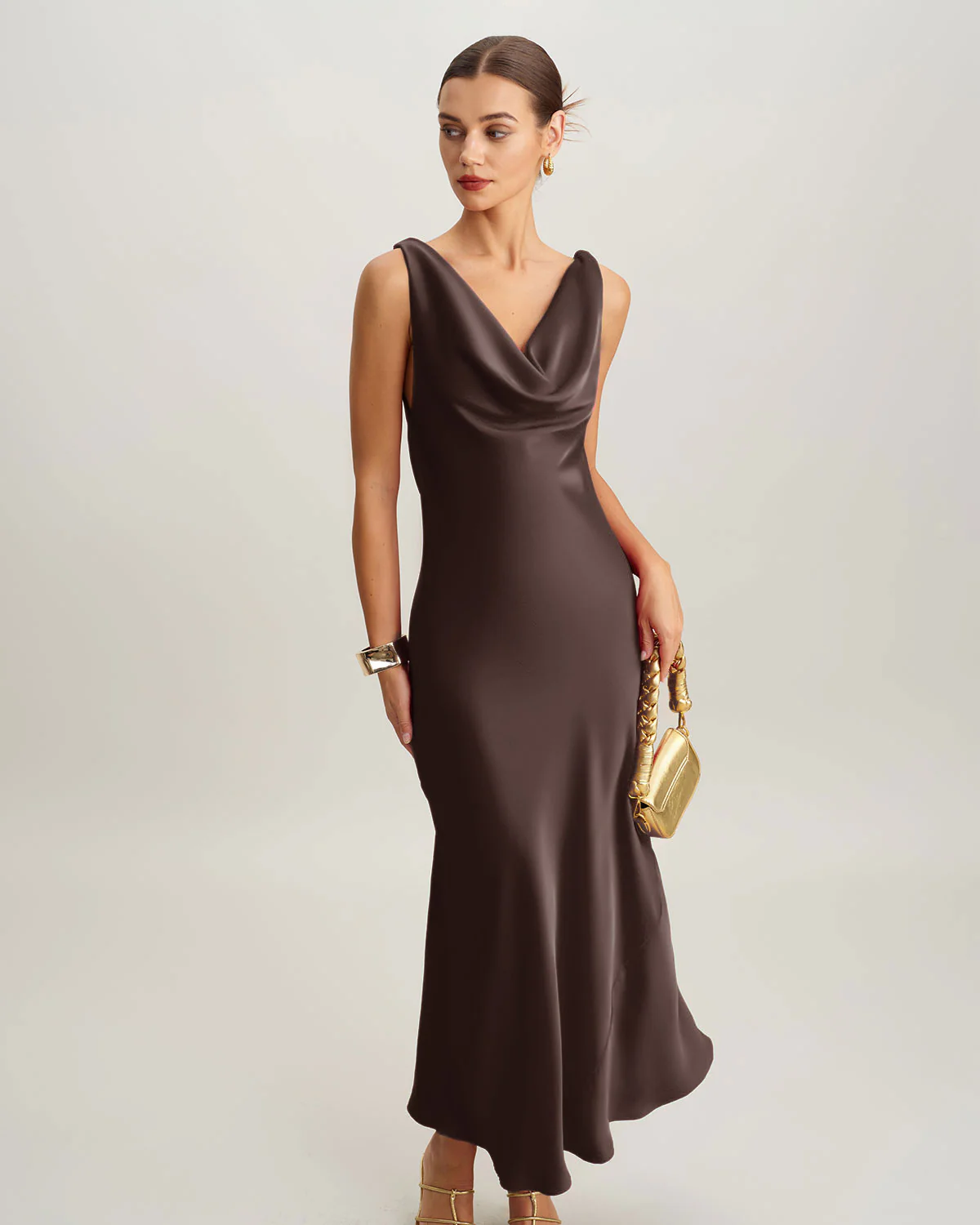 Coffee Cowl Neck Satin Maxi Dress