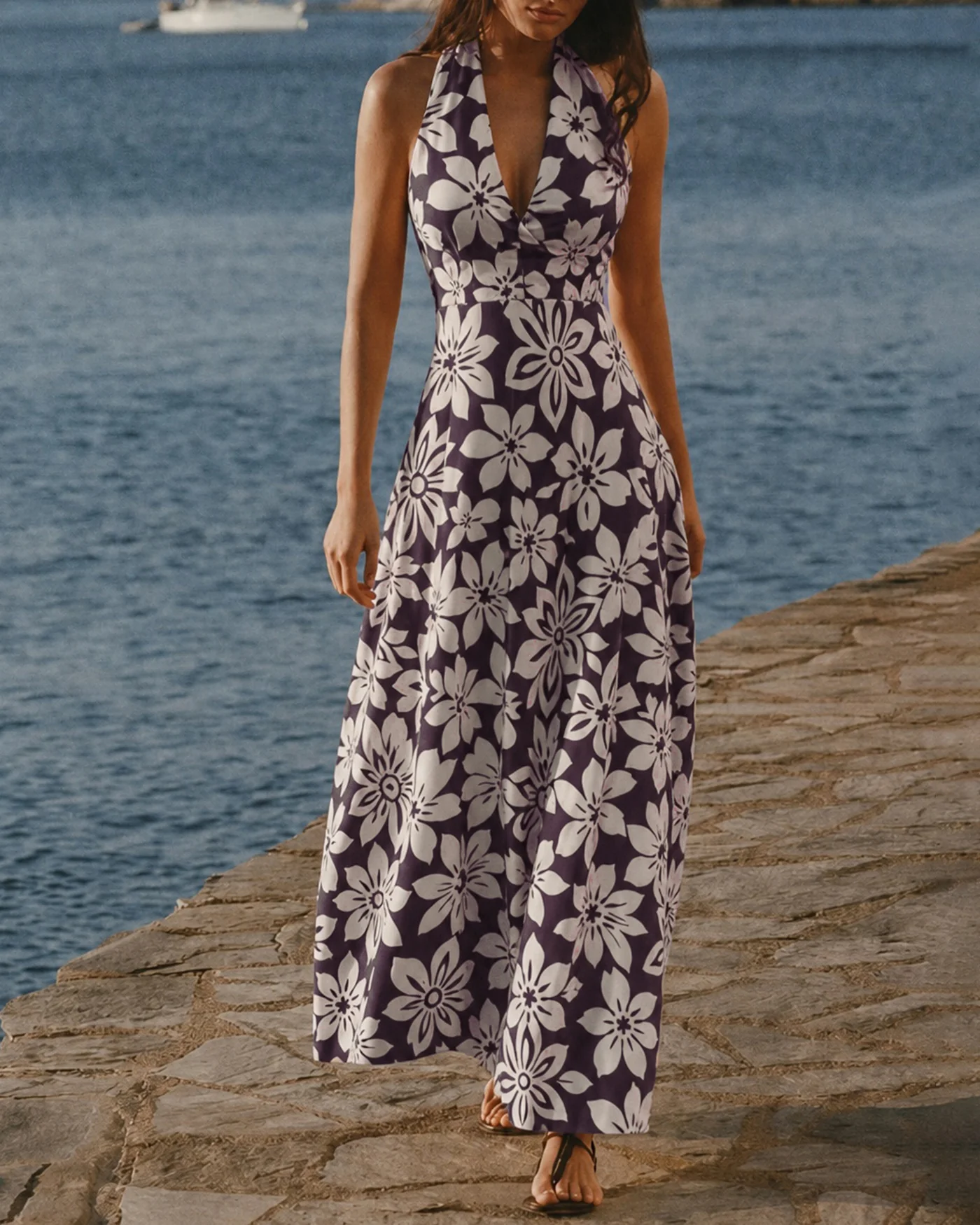 Coffee Halter Shirred Floral Maxi Dress