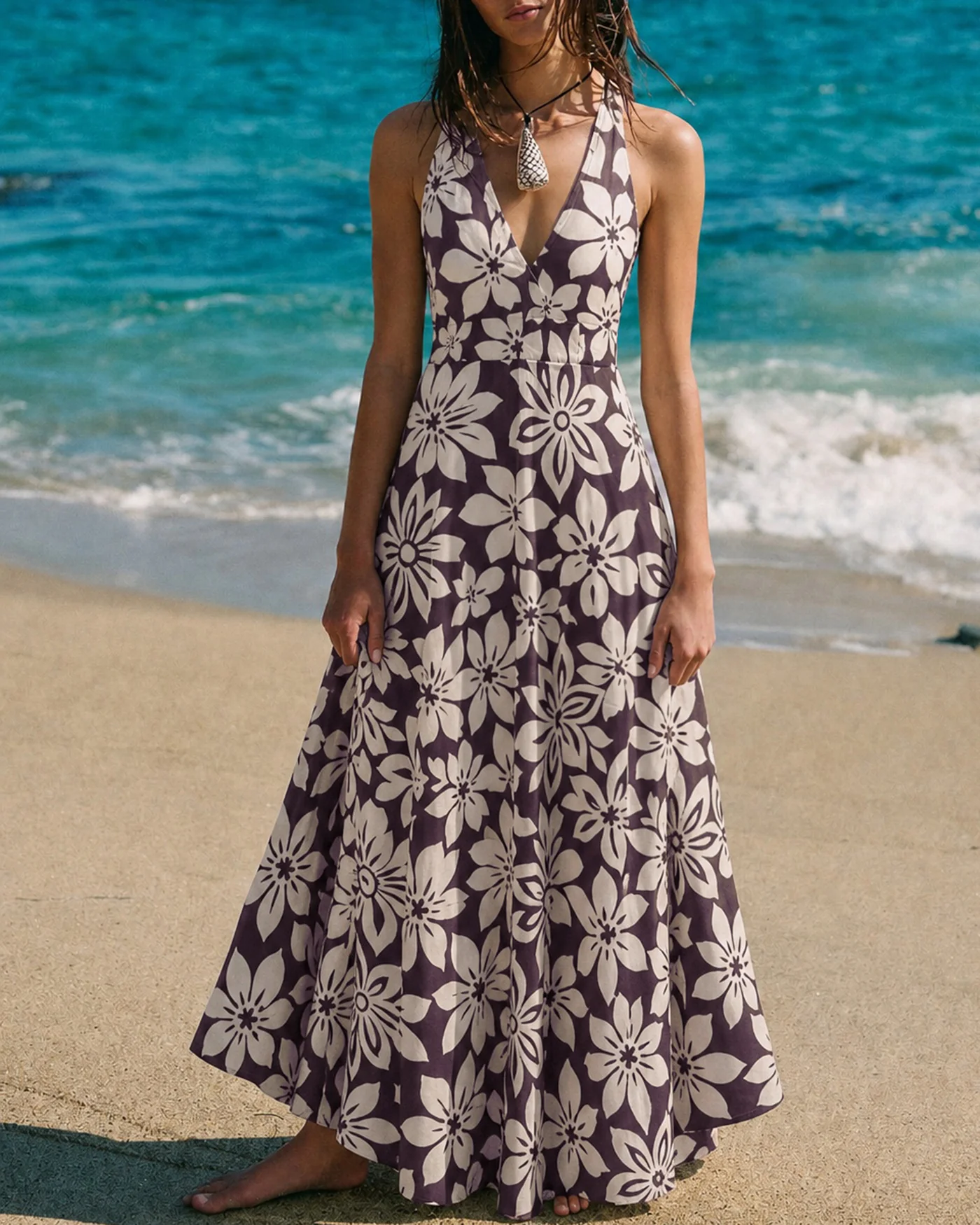 Coffee Halter Shirred Floral Maxi Dress - Image 2