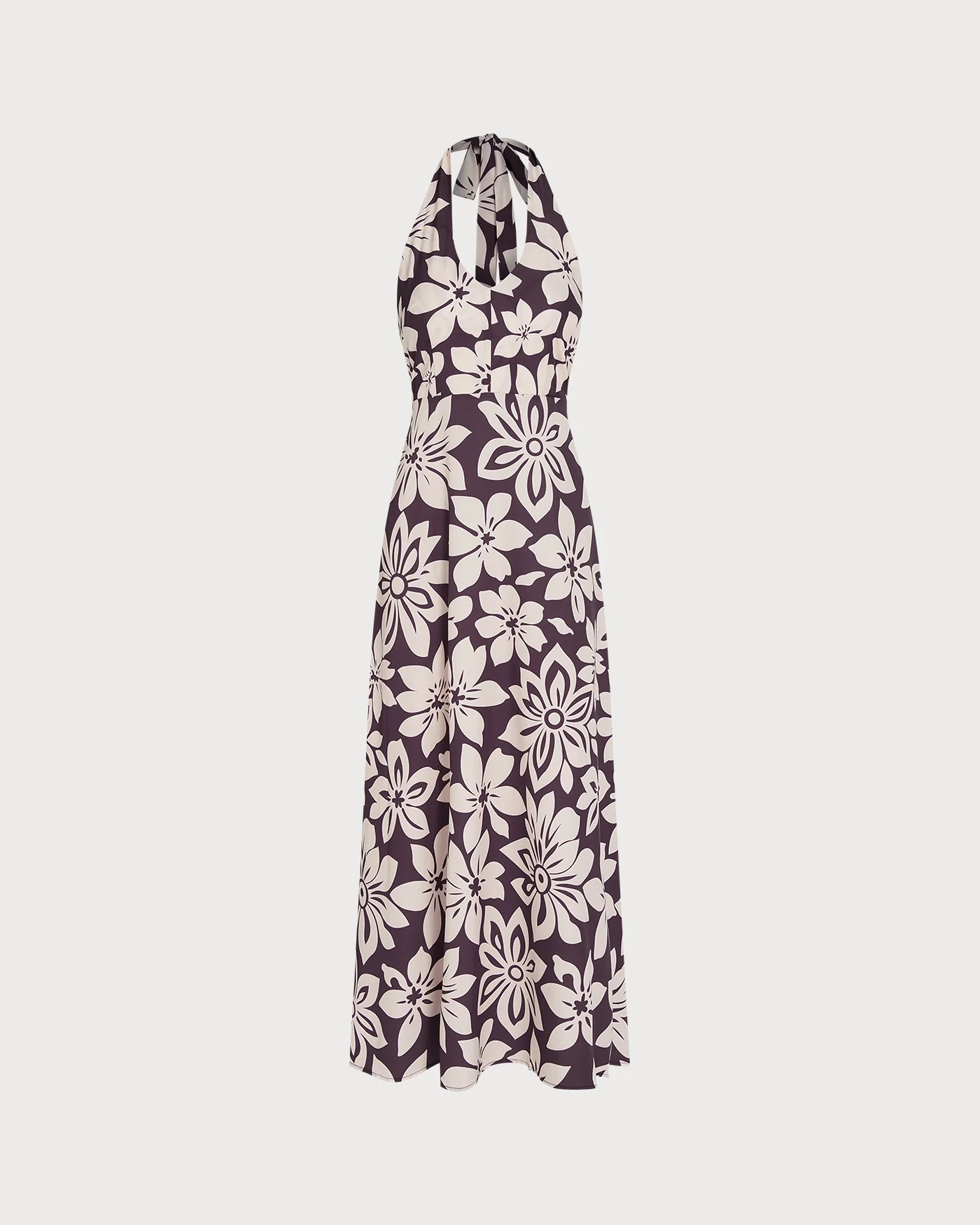 Coffee Halter Shirred Floral Maxi Dress - Image 5