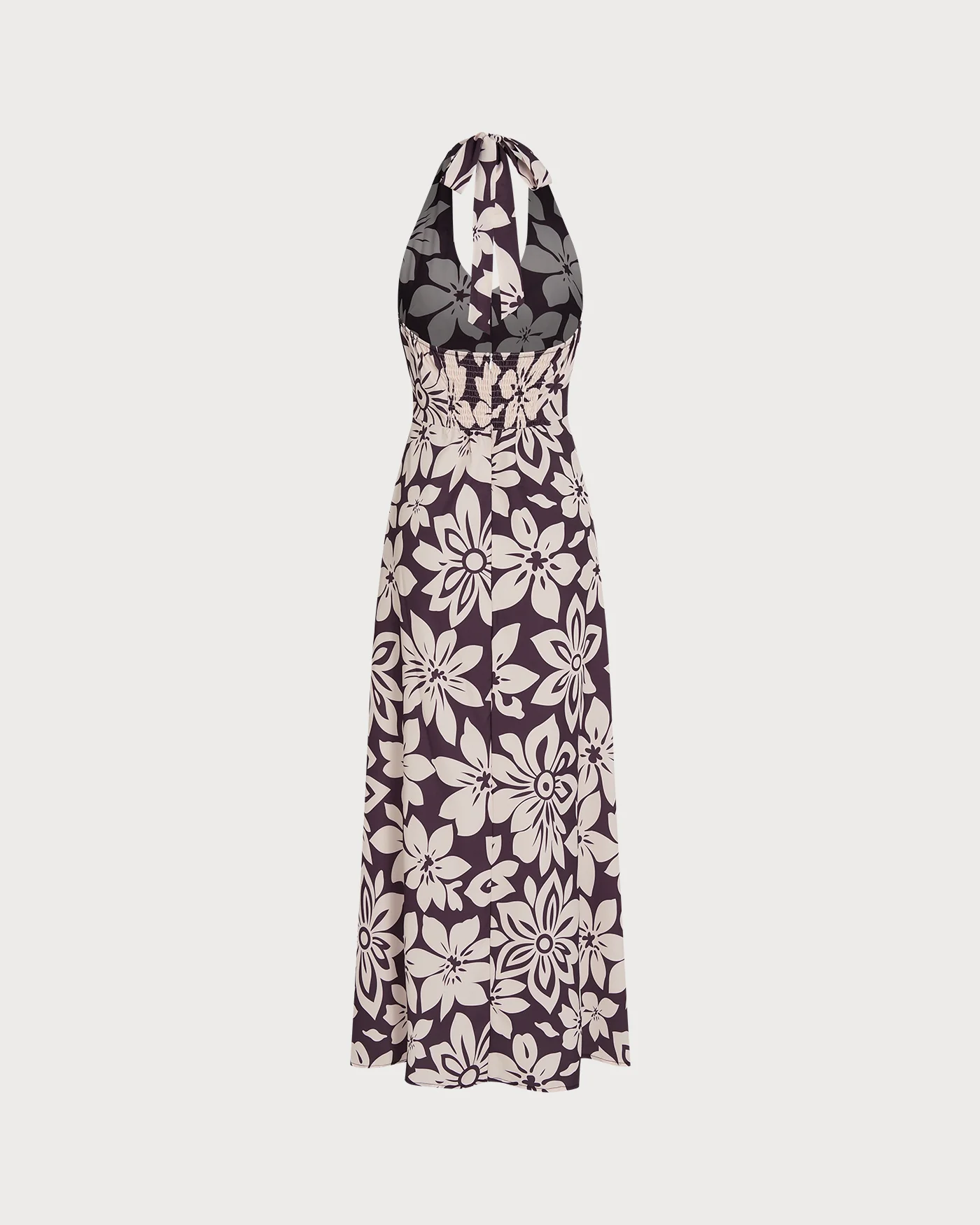 Coffee Halter Shirred Floral Maxi Dress - Image 6