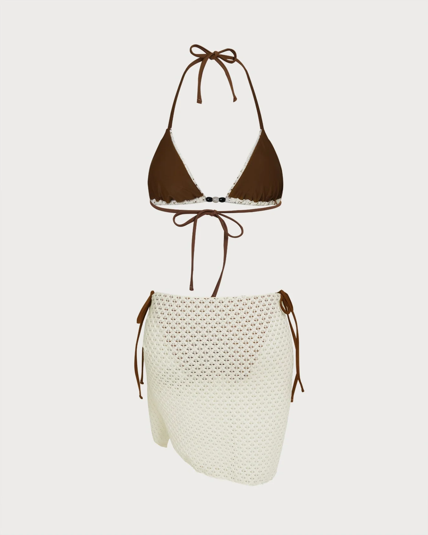 Coffee Halter Textured Drawstring Bikini Set - Image 3