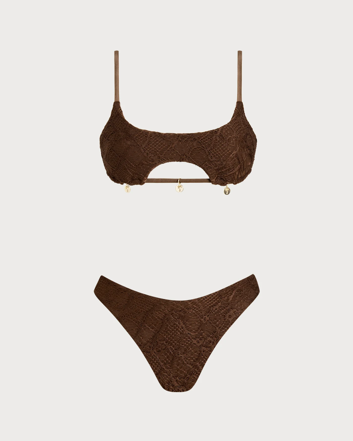 Coffee Square Neck Textured Bandeau Bikini Set - Image 2