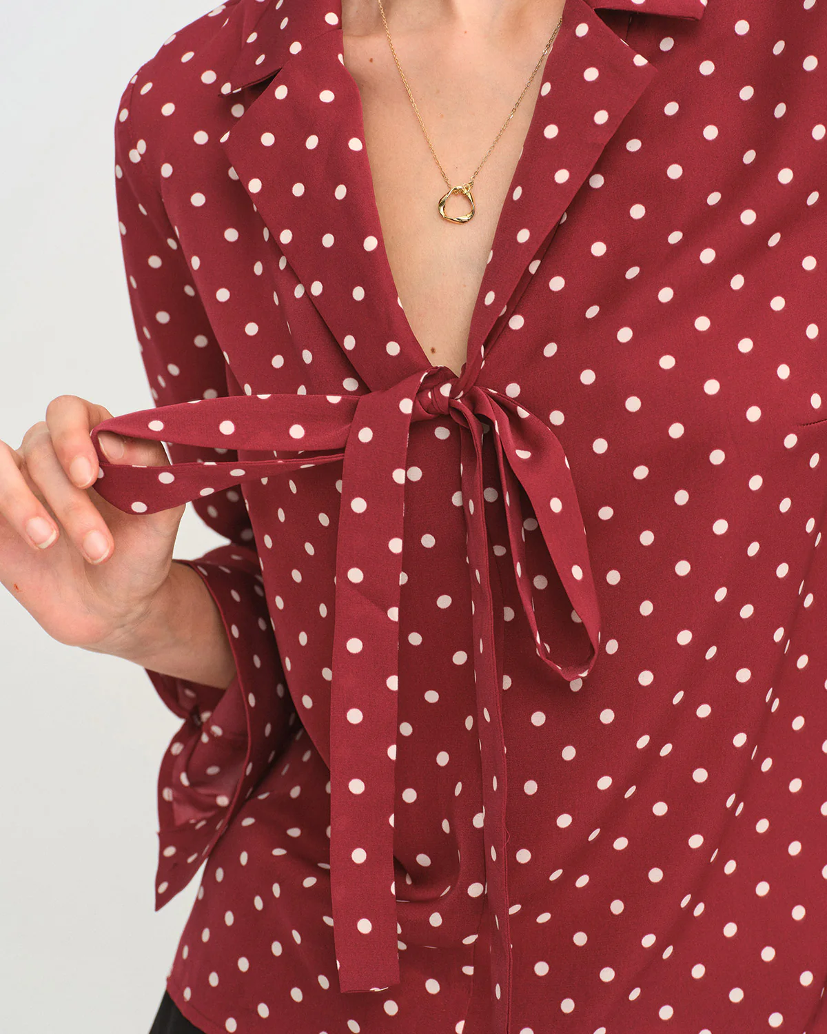 Dark Red Polka Dot Tie Neck Shirt - Image 2