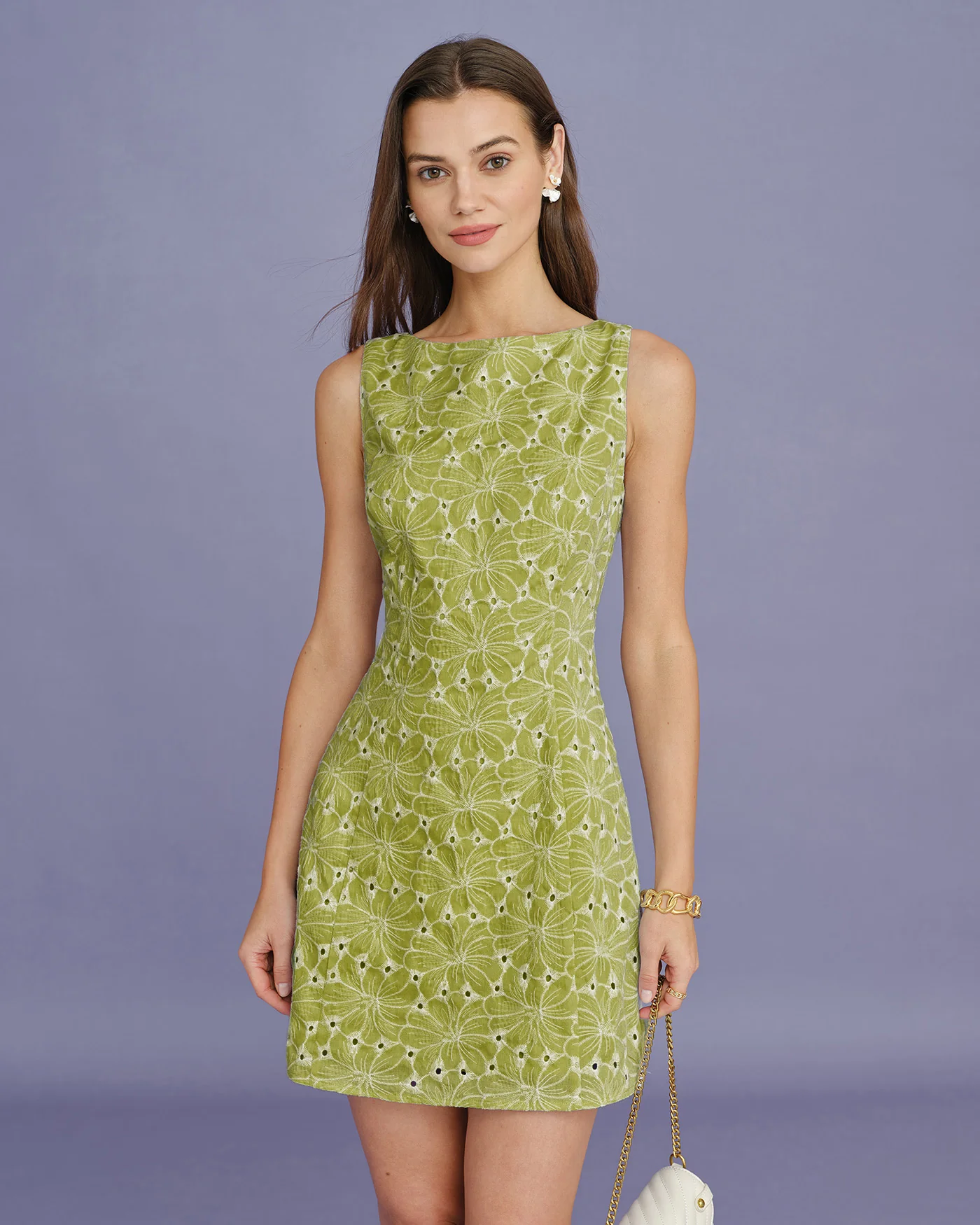 Green Boat Neck Embroidery Mini Dress