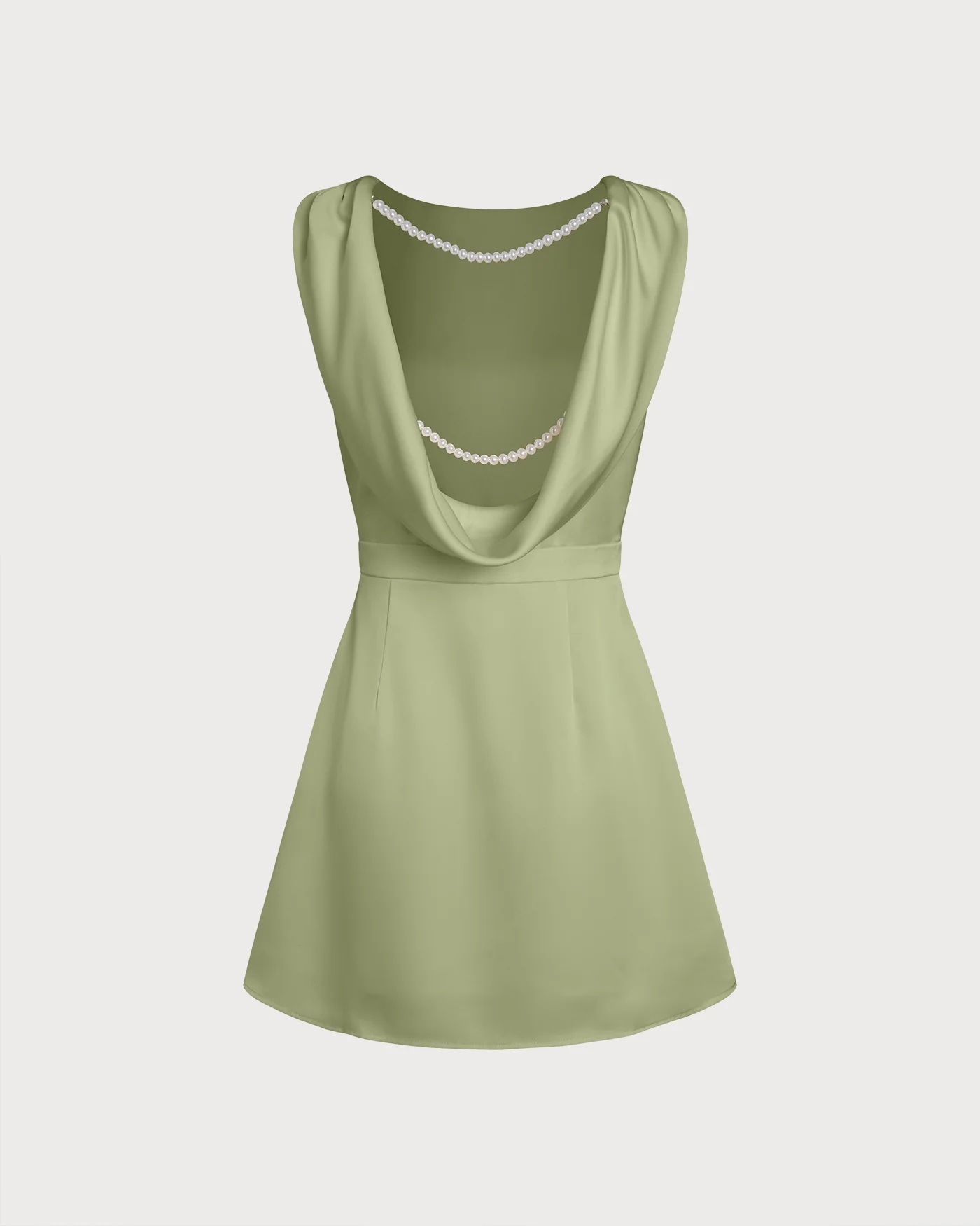 Green Boat Neck Pearl Satin Mini Dress - Image 5