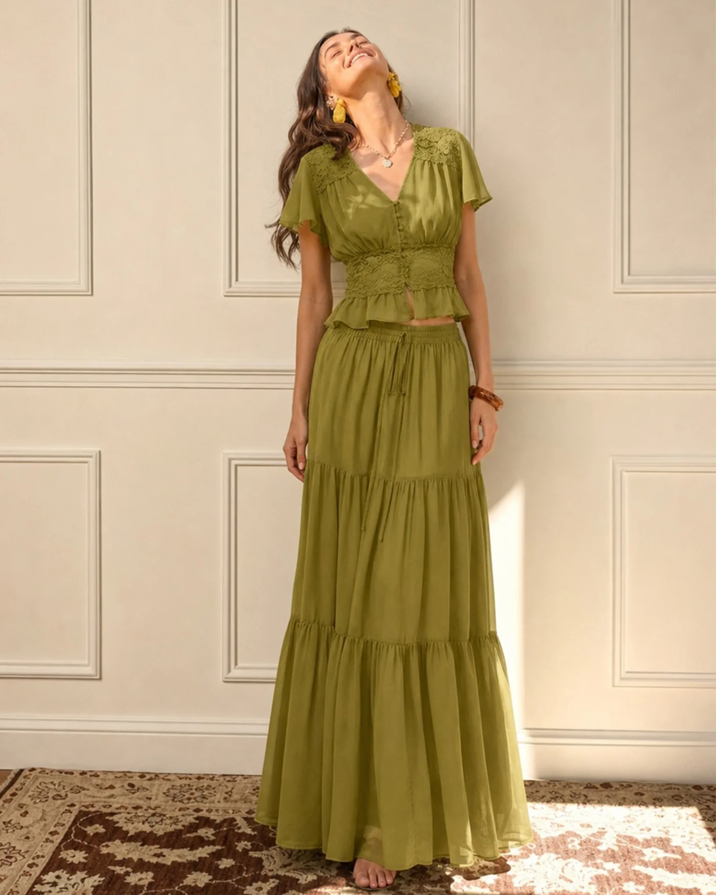 Green Elastic Waist Chiffon Maxi Skirt - Image 2