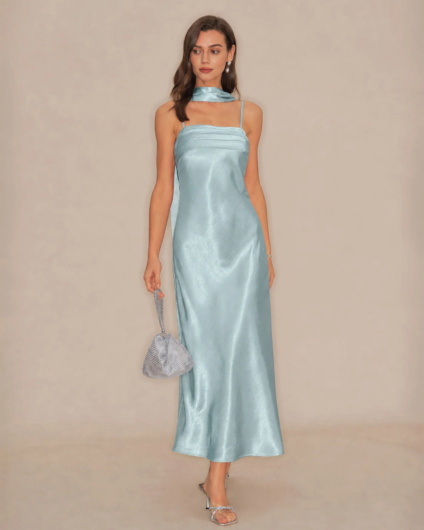 Green Flowy Mermaid Satin Maxi Dress - Image 4
