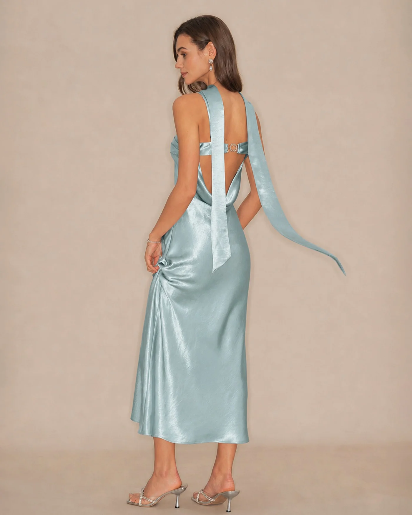 Green Flowy Mermaid Satin Maxi Dress - Image 8