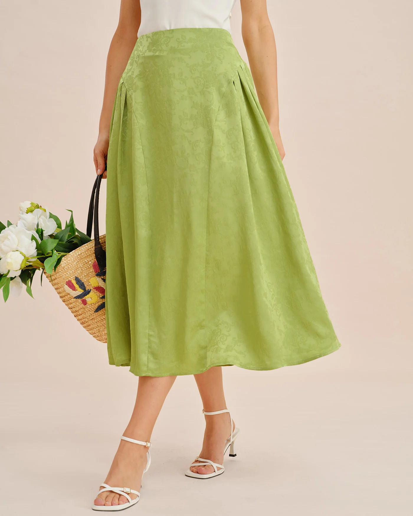 Green Jacquard Ruched Satin Midi Skirt - Image 4