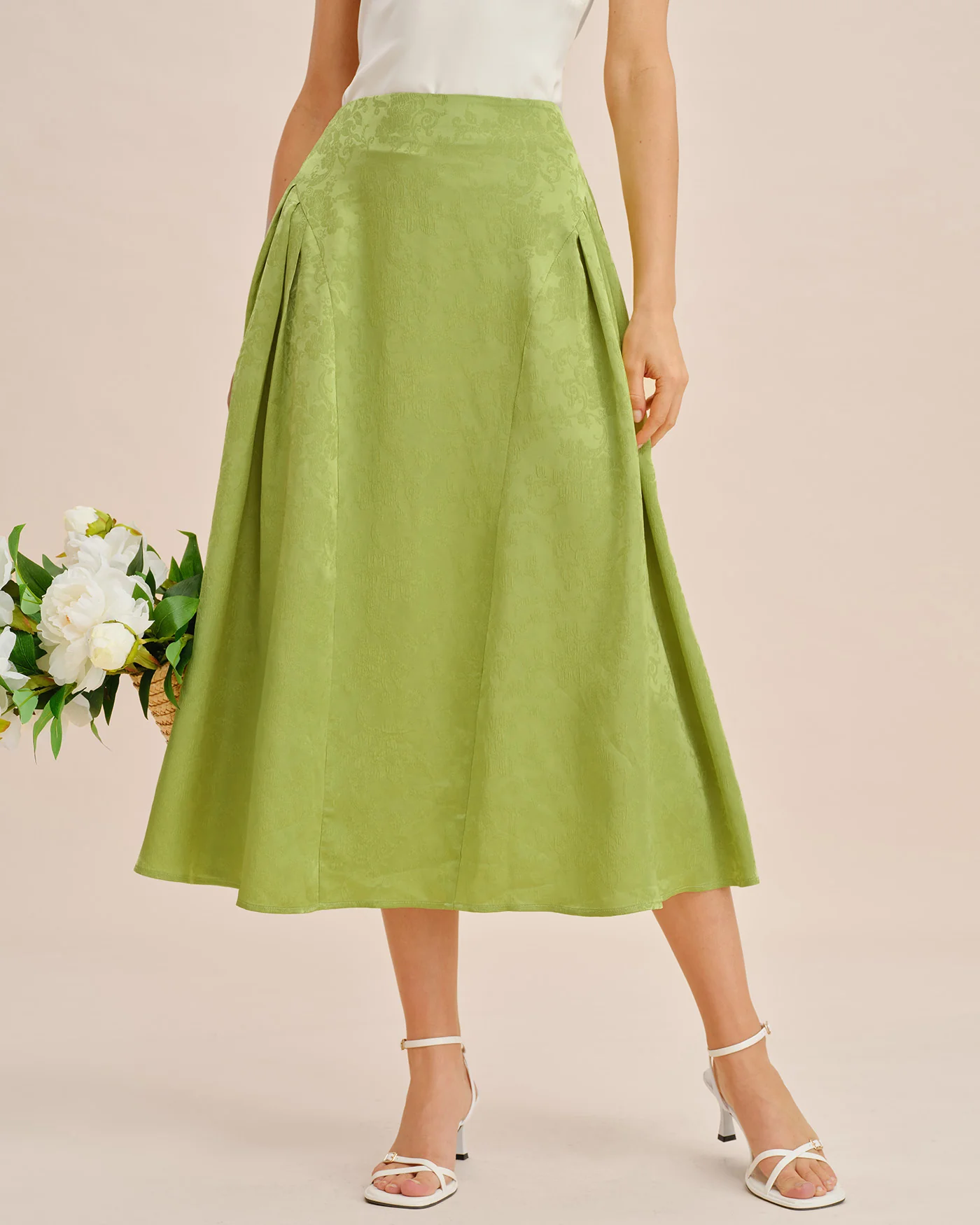 Green Jacquard Ruched Satin Midi Skirt - Image 5