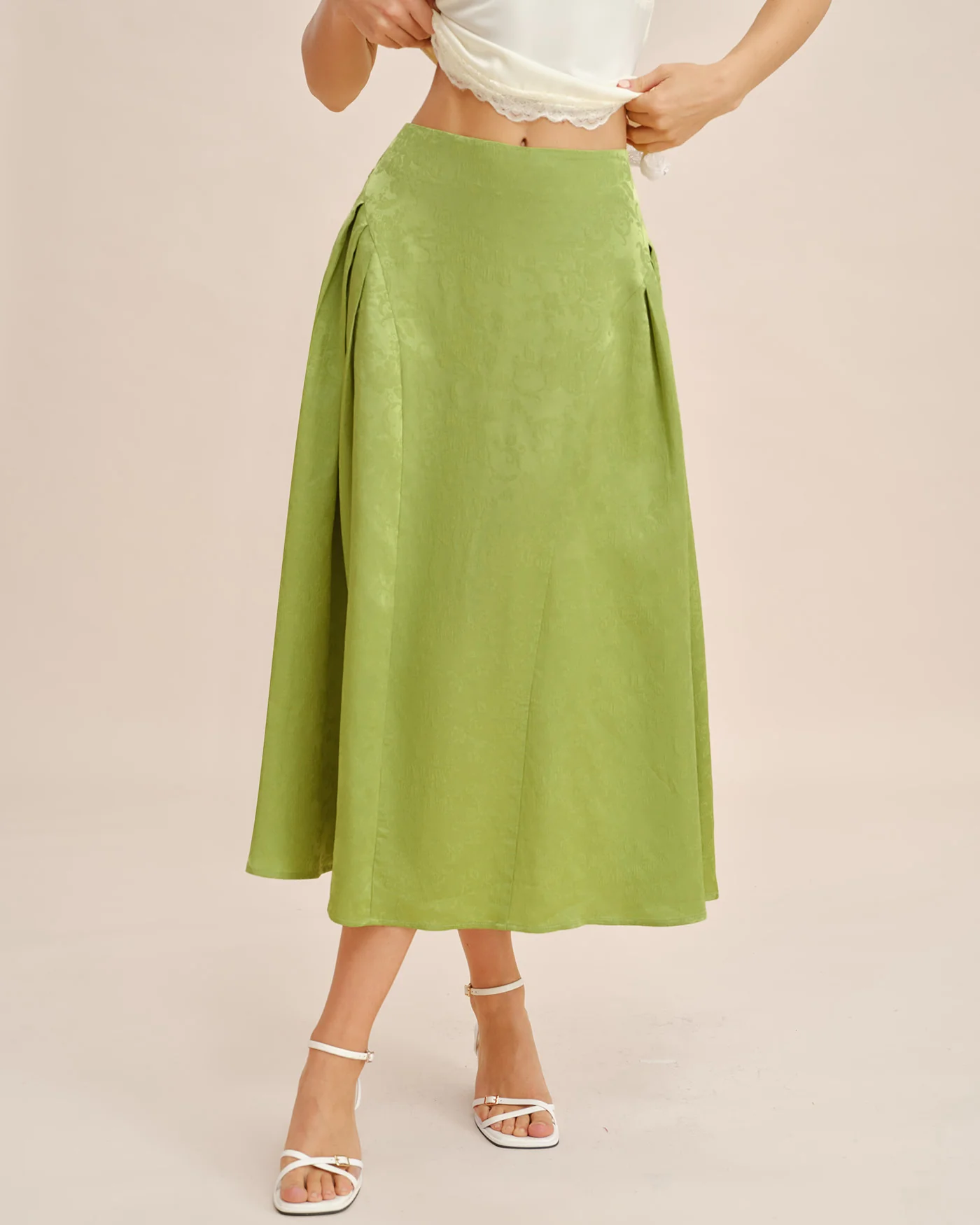 Green Jacquard Ruched Satin Midi Skirt - Image 7