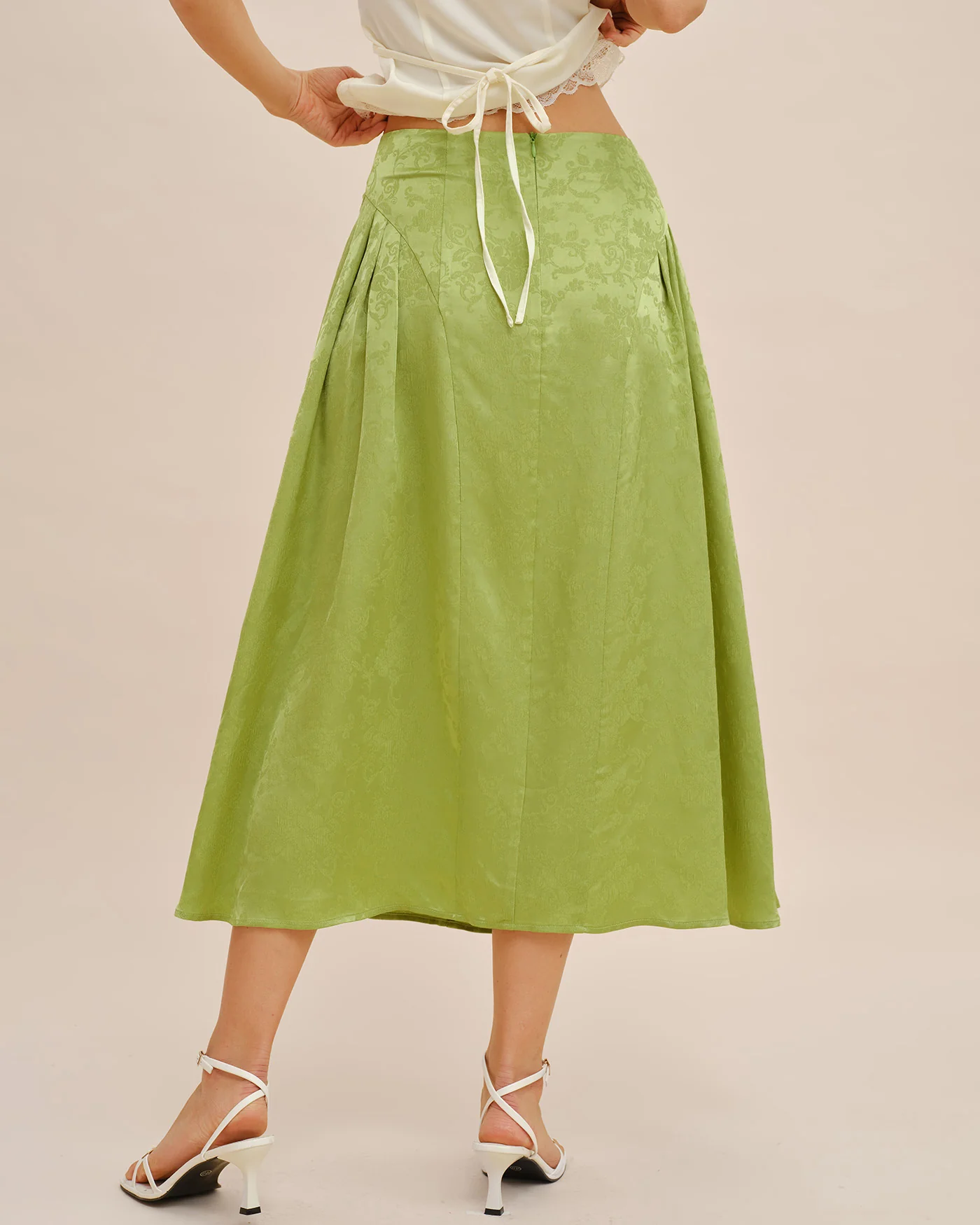 Green Jacquard Ruched Satin Midi Skirt - Image 8
