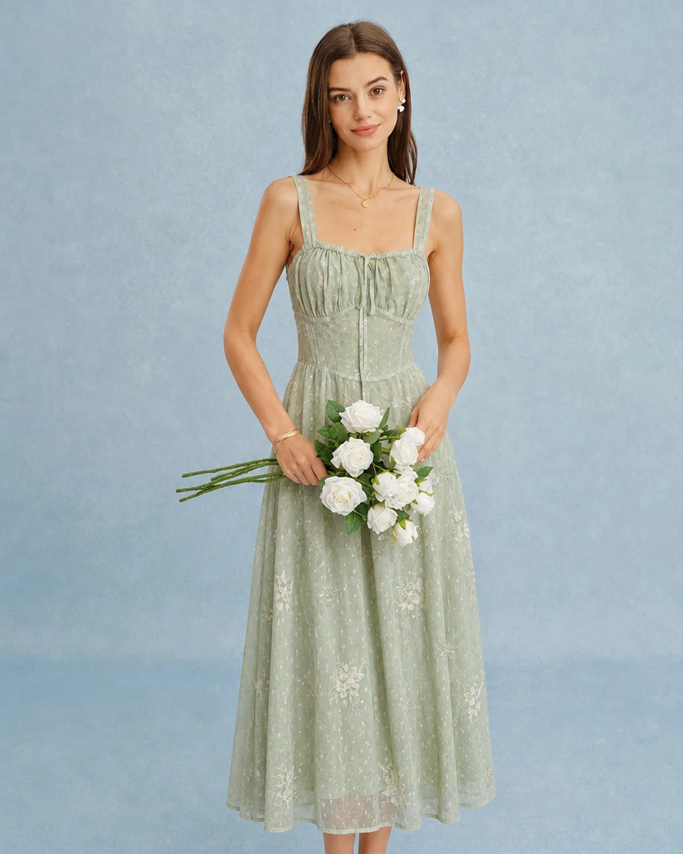 Green Jacquard Slip A-Line Midi Dress