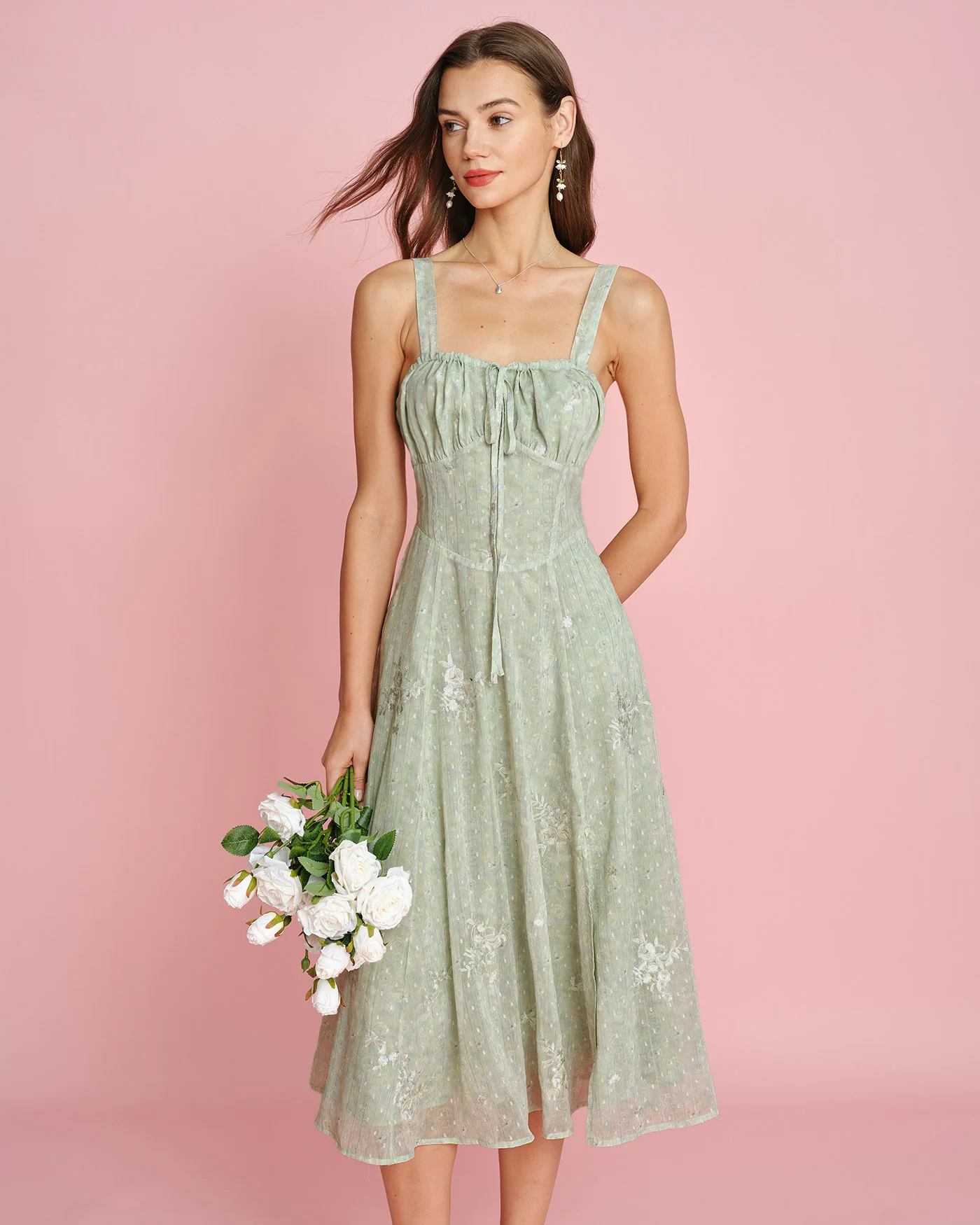 Green Jacquard Slip A-Line Midi Dress - Image 3