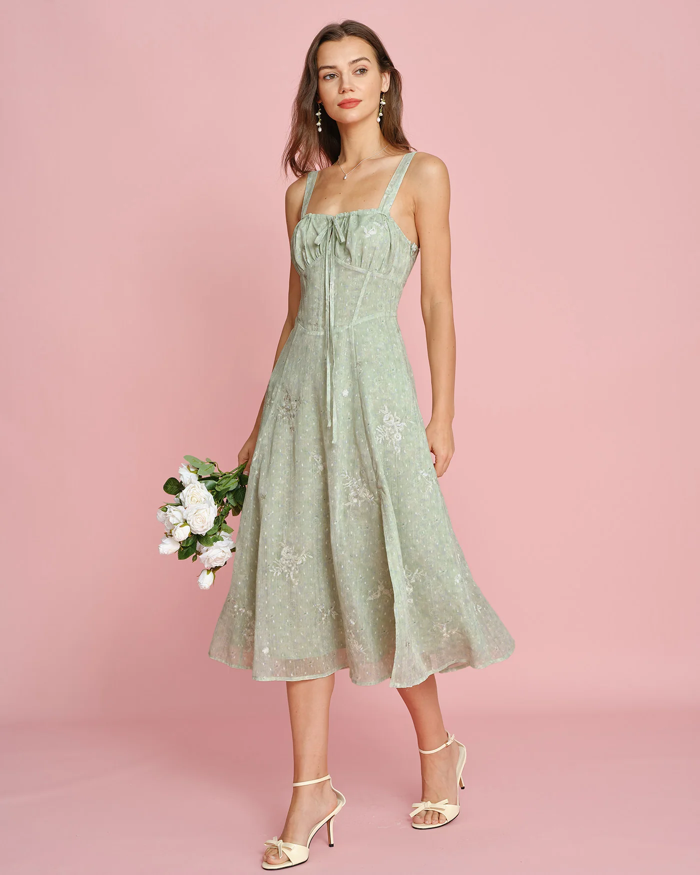 Green Jacquard Slip A-Line Midi Dress - Image 5