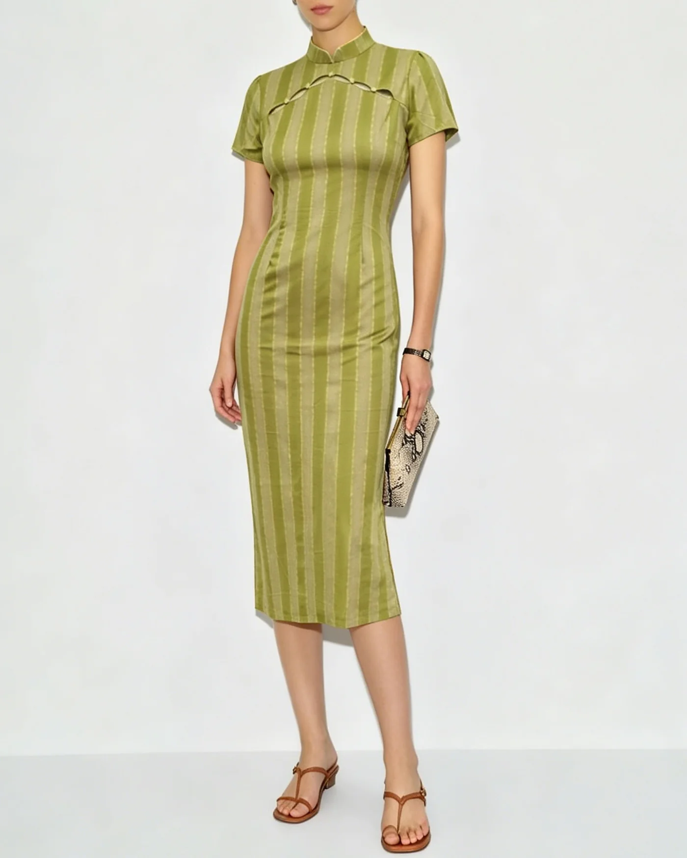 Green Mandarin Collar Tunic Midi Dress