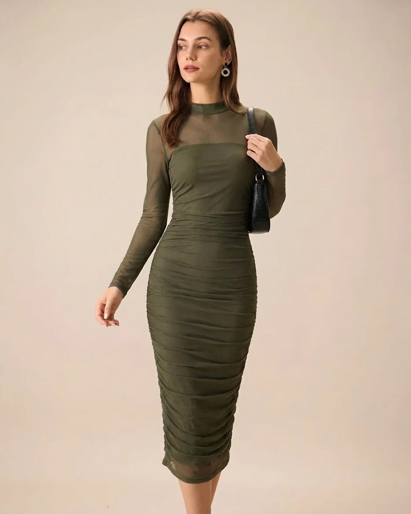 Green Mock Neck Ruched Midi Dress