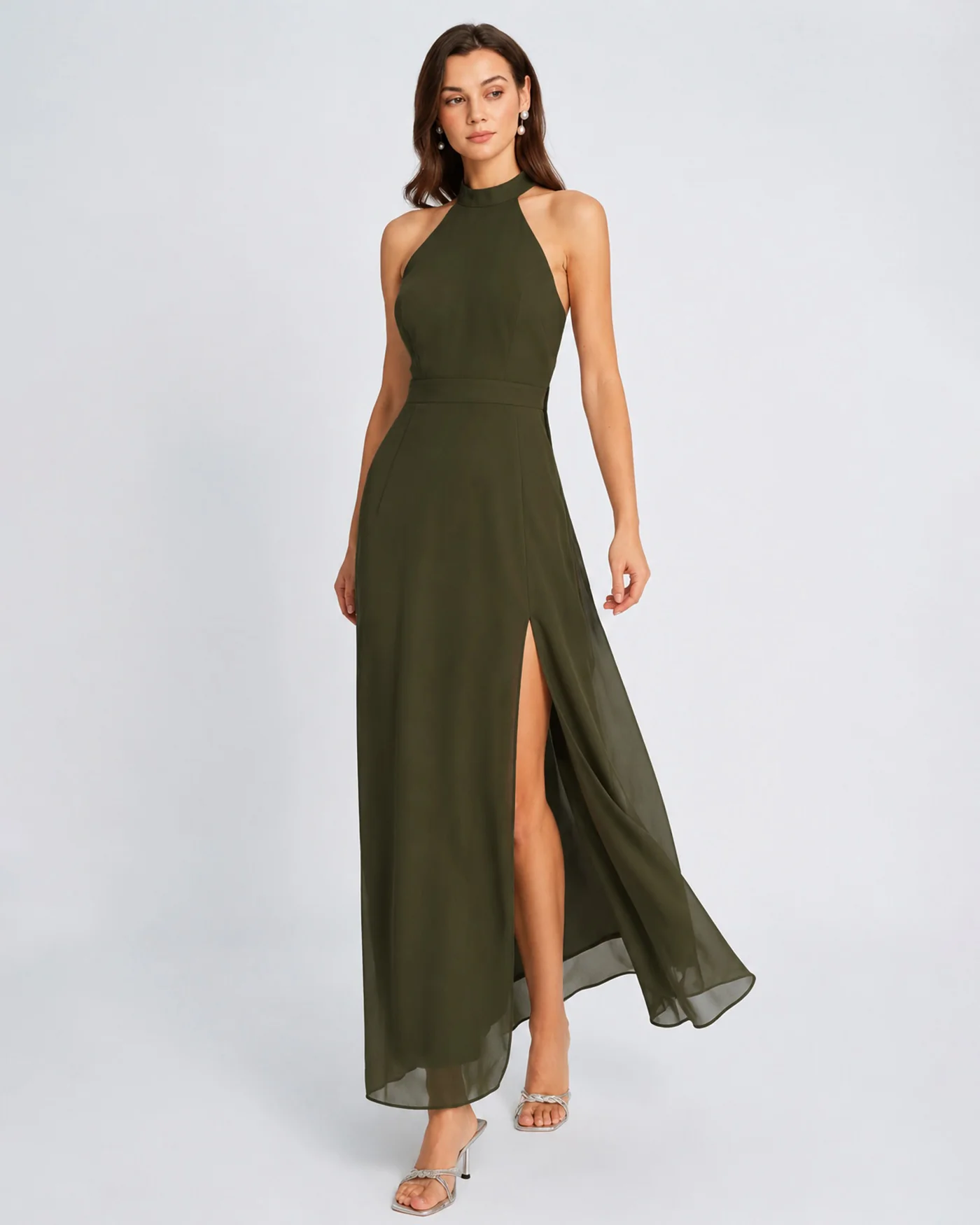 Green Mock Neck Slit Chiffon Maxi Dress - Image 2