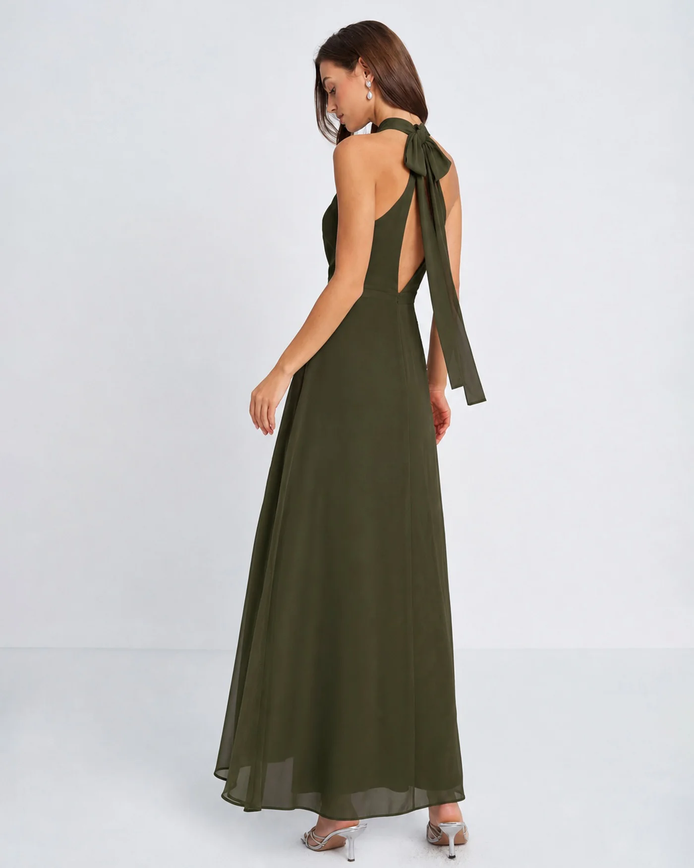 Green Mock Neck Slit Chiffon Maxi Dress - Image 3