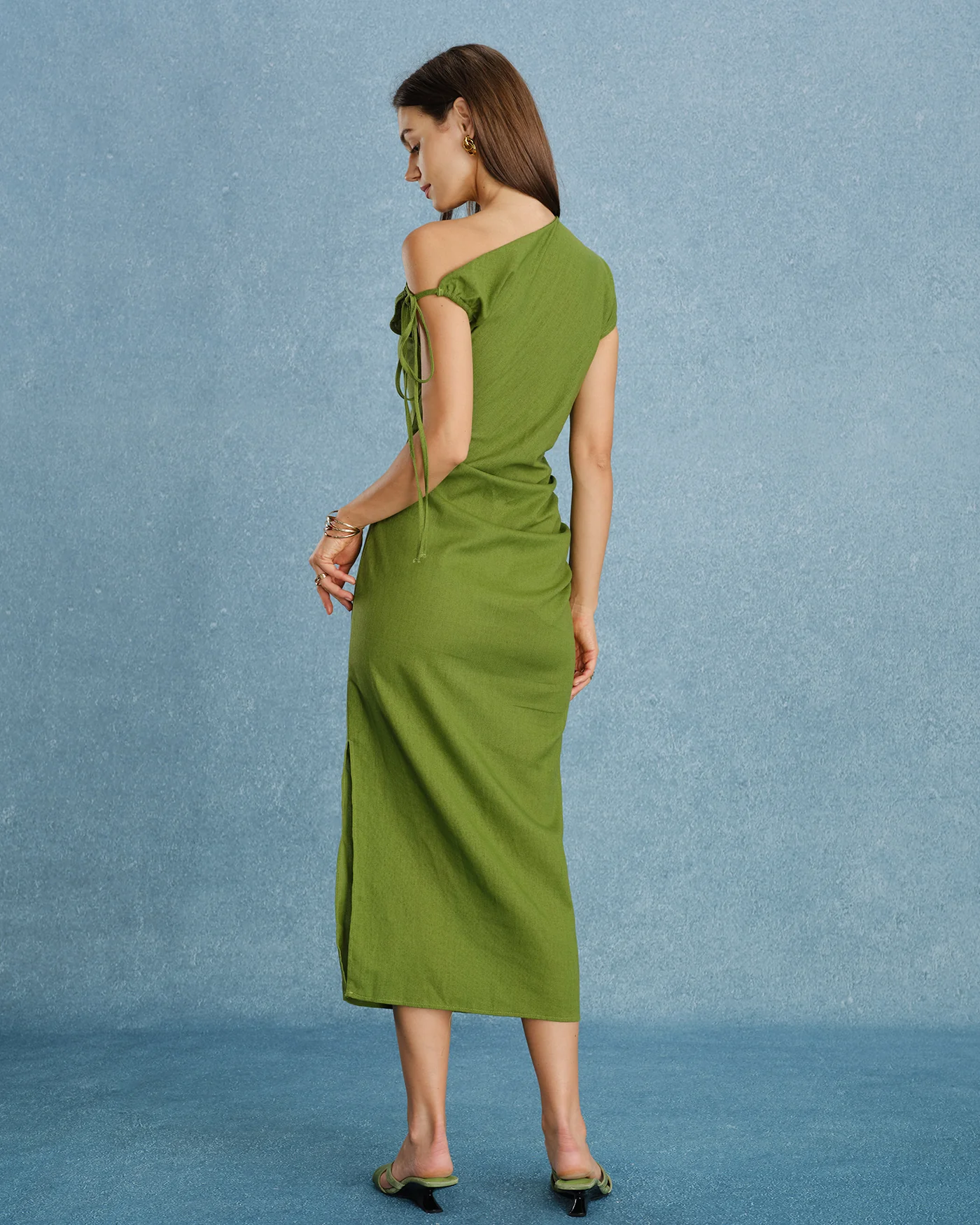 Green One Shoulder Ruched Maxi Dress - Image 5