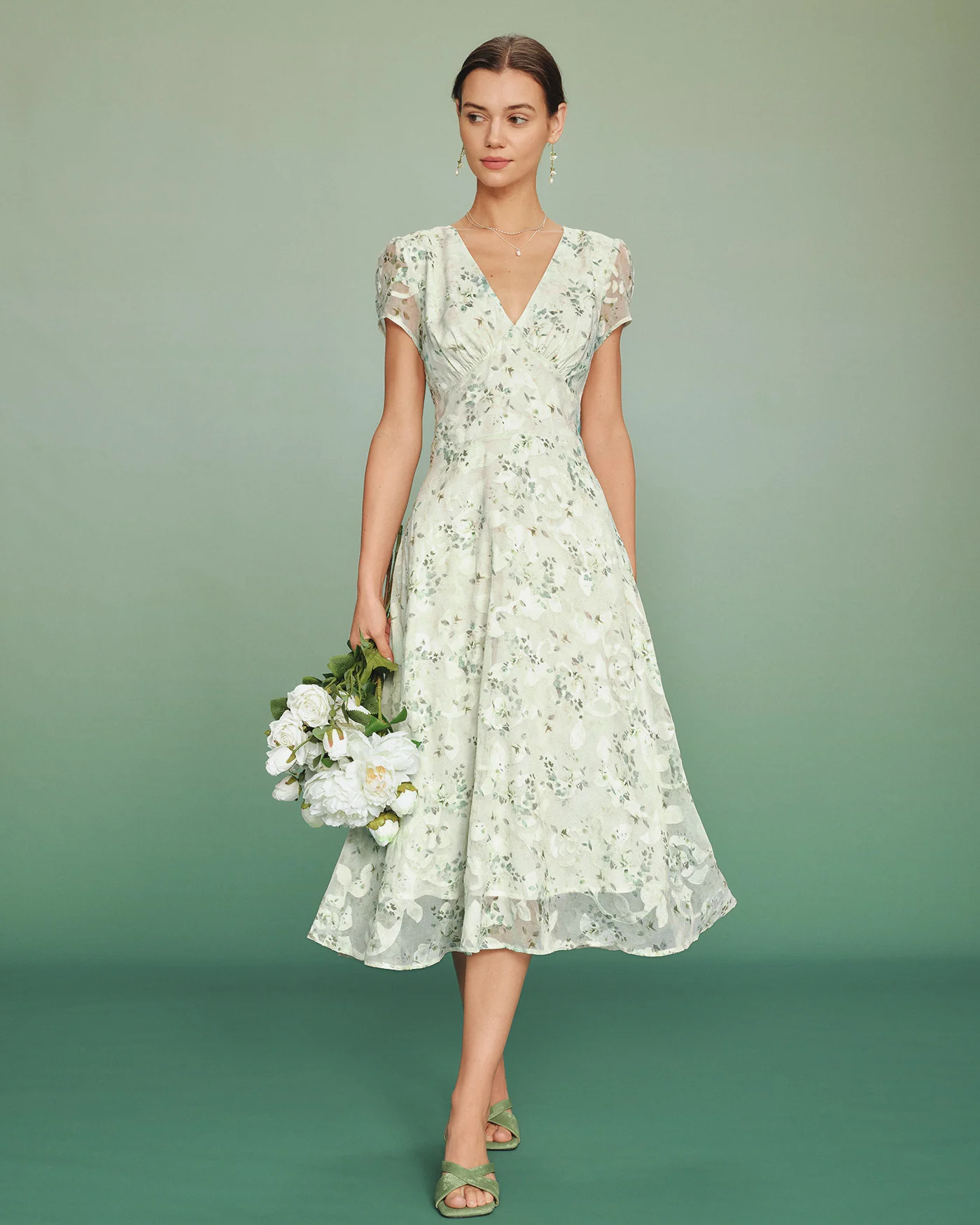 Green Puffed Sleeve Floral Tunic Midi Dress - Image 4