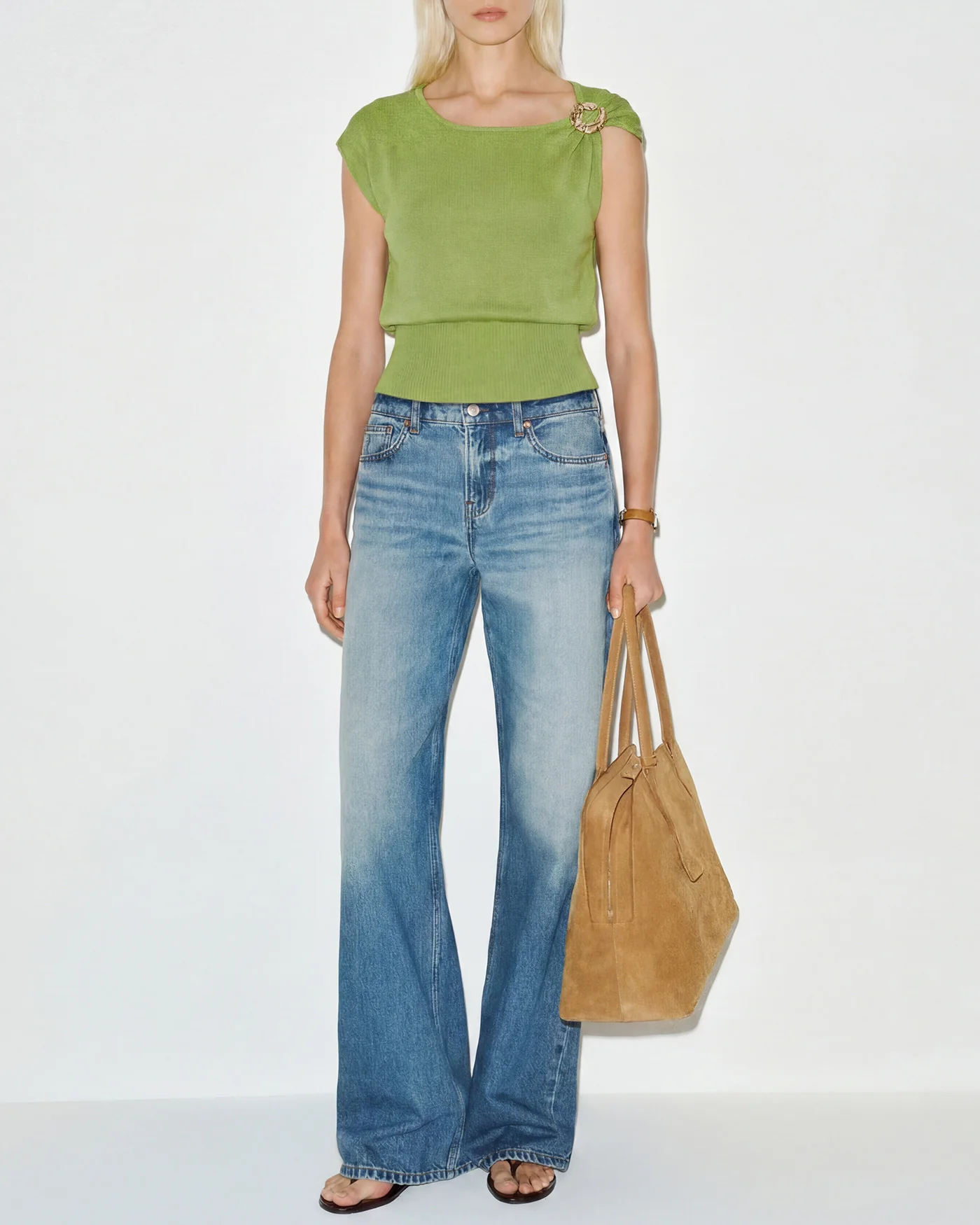 Green Round Neck Drop Shoulder Knit Sweater - Image 3